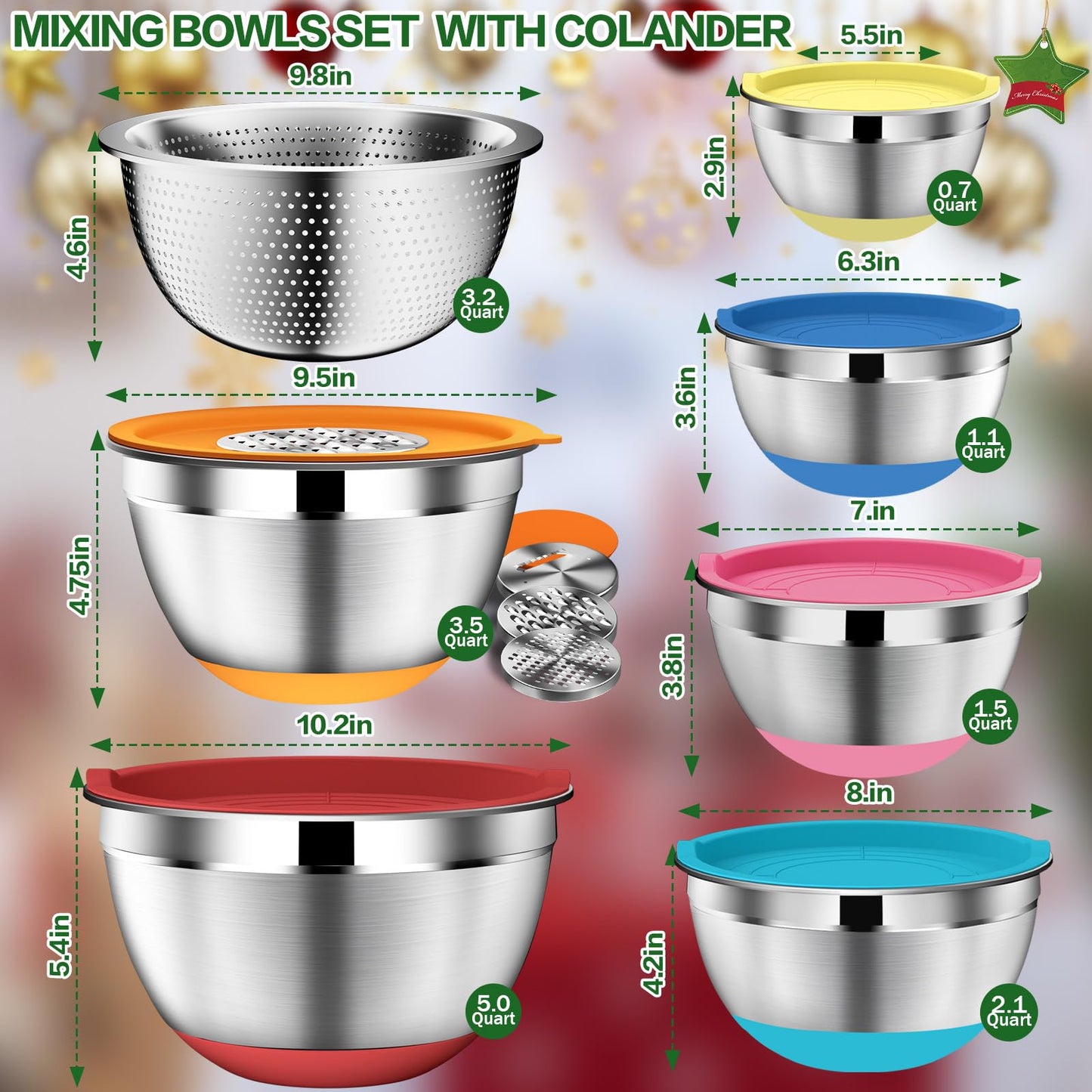 DUTZUN Mixing Bowls with Lids Set - 16pcs Stainless Steel Mixing Bowl Set with Colander, 3 Grater Attachments, Non-Slip Bottom, Metal Nesting Bowls with Strainer for Mixing & Serving - Multicolor