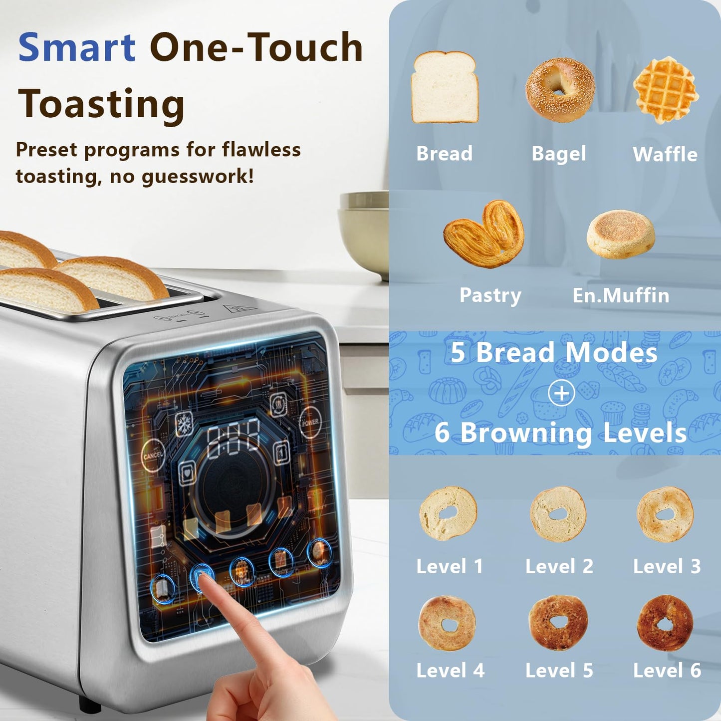 SAKAMOSH Touch Screen Toaster 4 Slice, Smart Digital Toasters with LED Display & Timer, Extra Long Wide Slots for Bagels, 6 Browning Levels & 5 Bread Types, Memory Function, 1400W, Stainless Steel