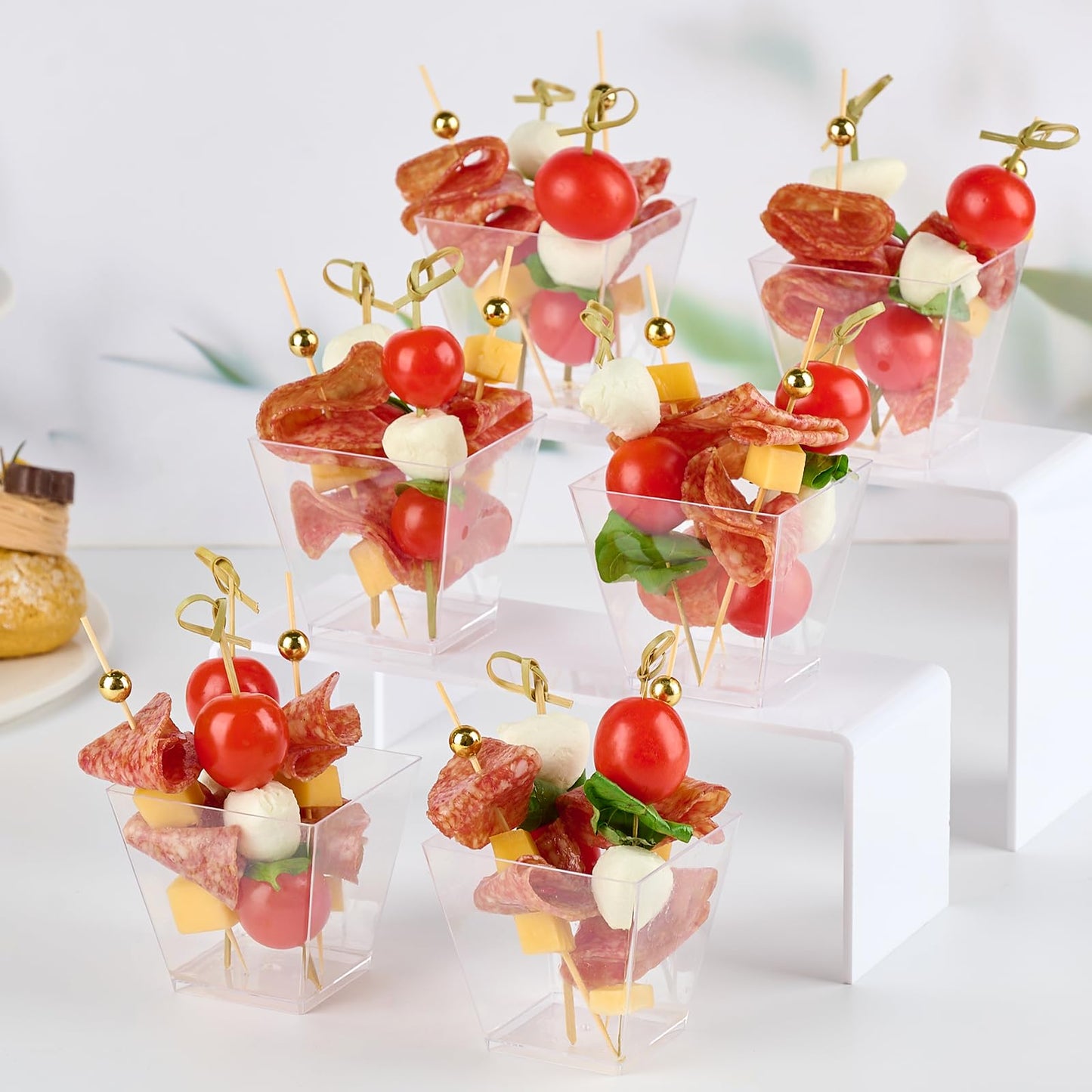 Zezzxu 50 Sets 7 oz Plastic Charcuterie Cups with 200 Sticks, Square Appetizer Cup with Cocktail Picks Mini Party Serving Cups for Fruit, Snack, Dessert