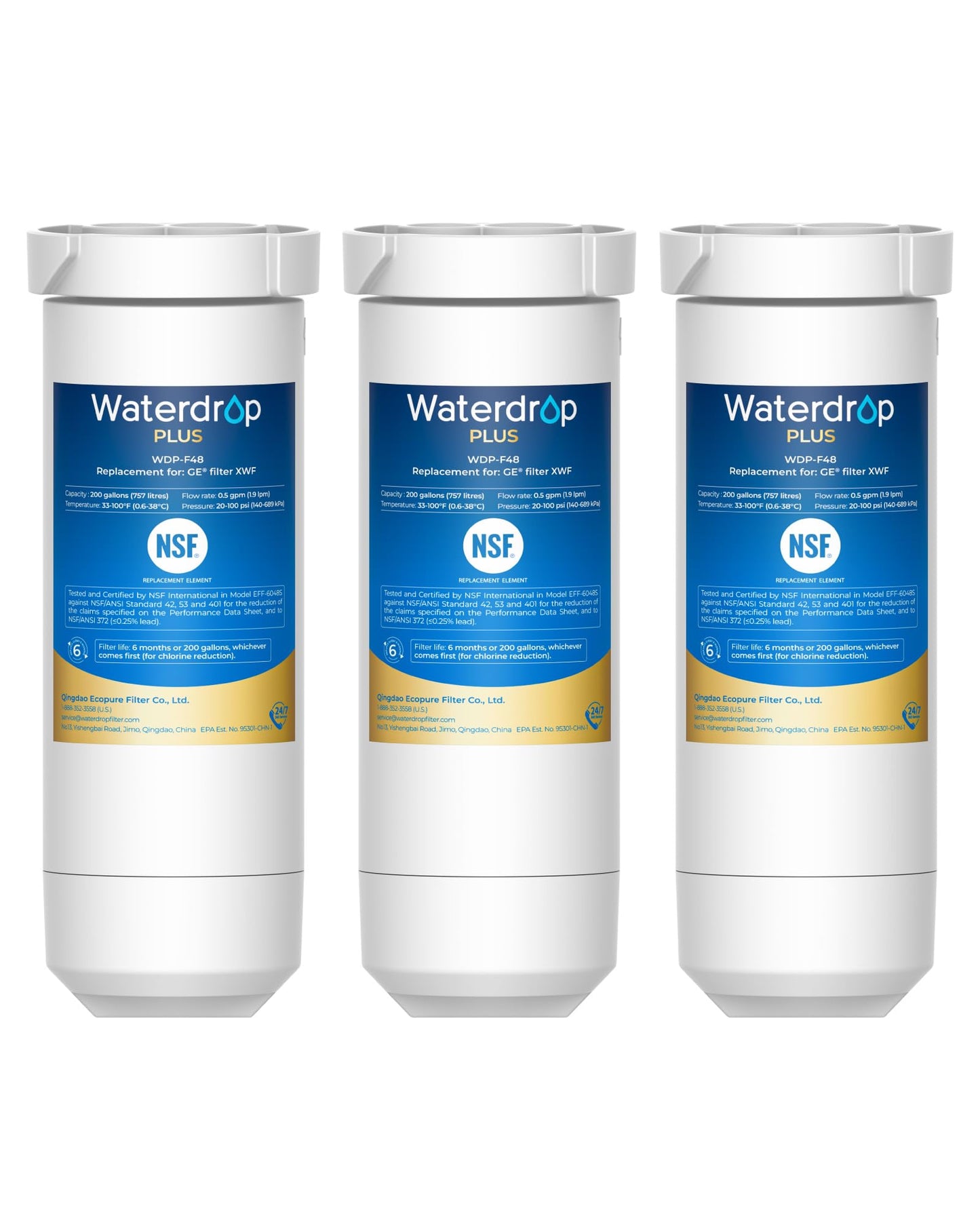 Waterdrop Plus XWF Replacement for GE® XWF, WR17X30702 Refrigerator Water Filter, NSF/ANSI 401 & 53 & 42 & 372 Certified, Reduces RFAS, 3-Pack (Not XWFE®)