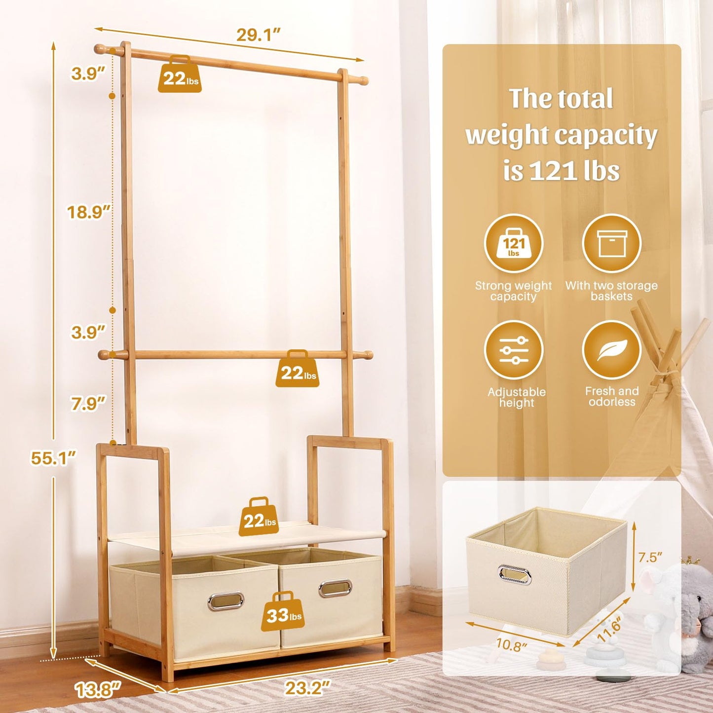 Vilaxing Kids Clothing Rack Bamboo with 2 Storage Baskets and 2 Adjustable Hanging Rods,Child Garment Holder with Shelf, Dress up Racks for Playroom,Toddlers Bedroom (Natural)