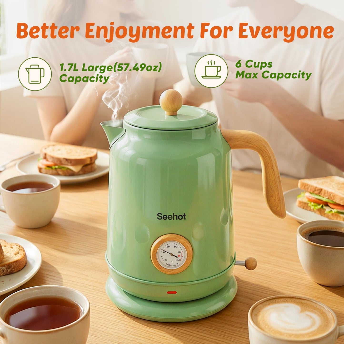 Seehot® 1.7L (57.oz) Electric Kettle with Thermometer, 1200W Large Electric Tea kettle with 304 Stainless Steel,Auto shut off,Hot water kettle Electric for Home,Office,Kitchens-Green
