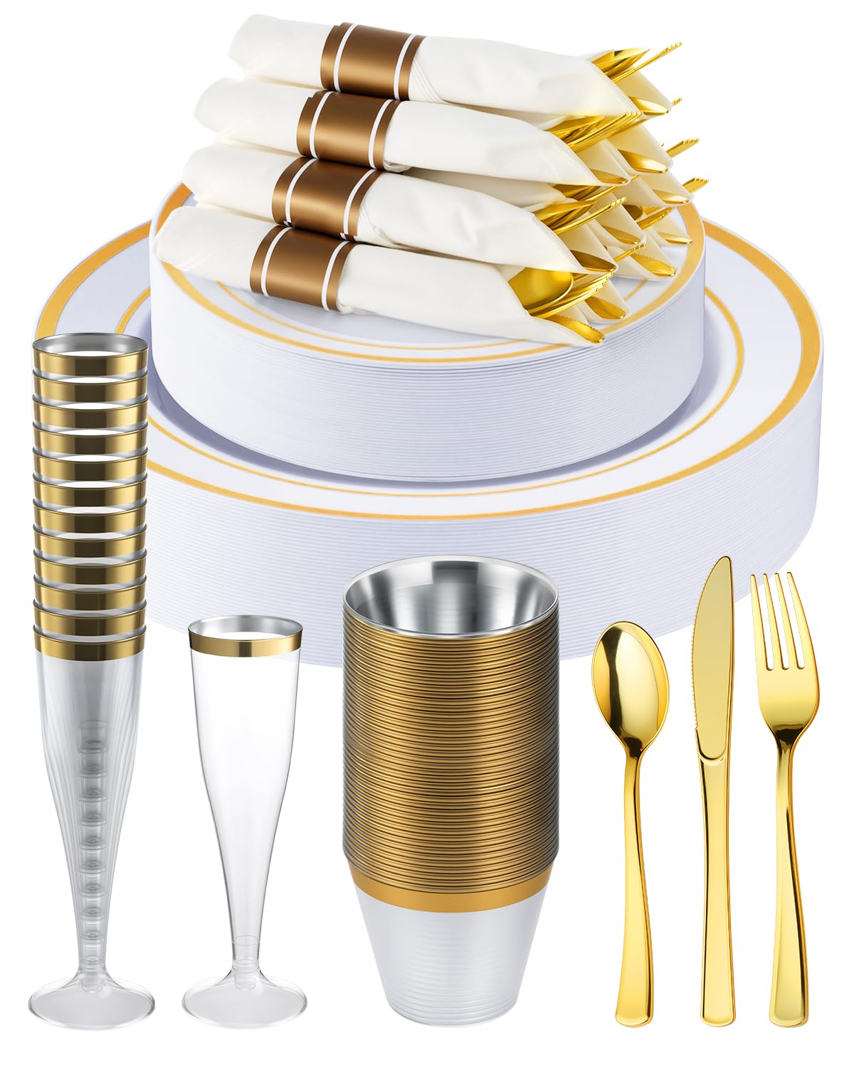 Goodluck 320PCS Gold Disposable Plastic Dinnerware Set for 40 Guests, Include 40 Dinner Plates, 40 Dessert Plates, 40 Napkins with Silverware, 40 Cups, 40 Champagne Glasses, for Christmas, Wedding