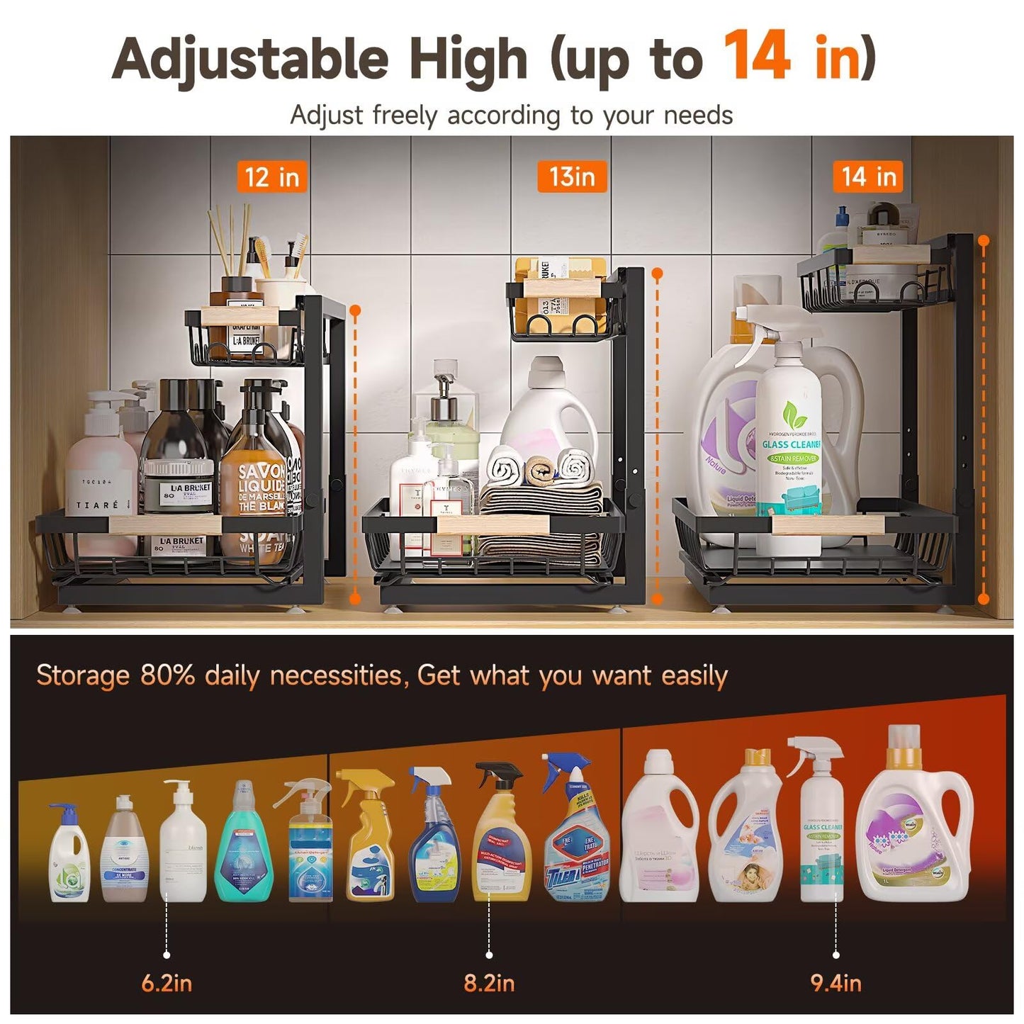 Sevenblue 2 Packs Under Sink Organizer, Height Adjustable 2 Tier Under Kitchen Sink Organizer, Multi-Purpose Storage Shelf for Kitchen Bathroom Cabinet