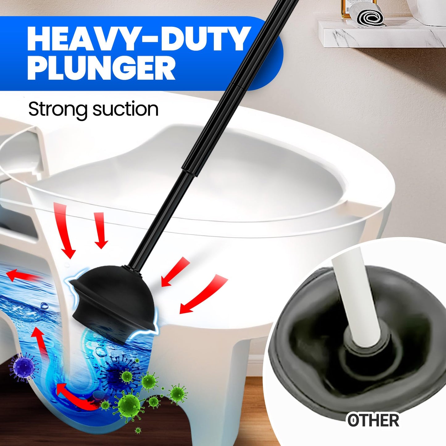 Denvlex 2Pack 2 in 1 Toilet Brush and Plunger Set, Extended Handle Plunger,Toilet Bowl Brush Plunger Set,Bathroom Cleaning Tools,Cleaning Brush,Toilet Brush Plunger Combo(Bright Black)