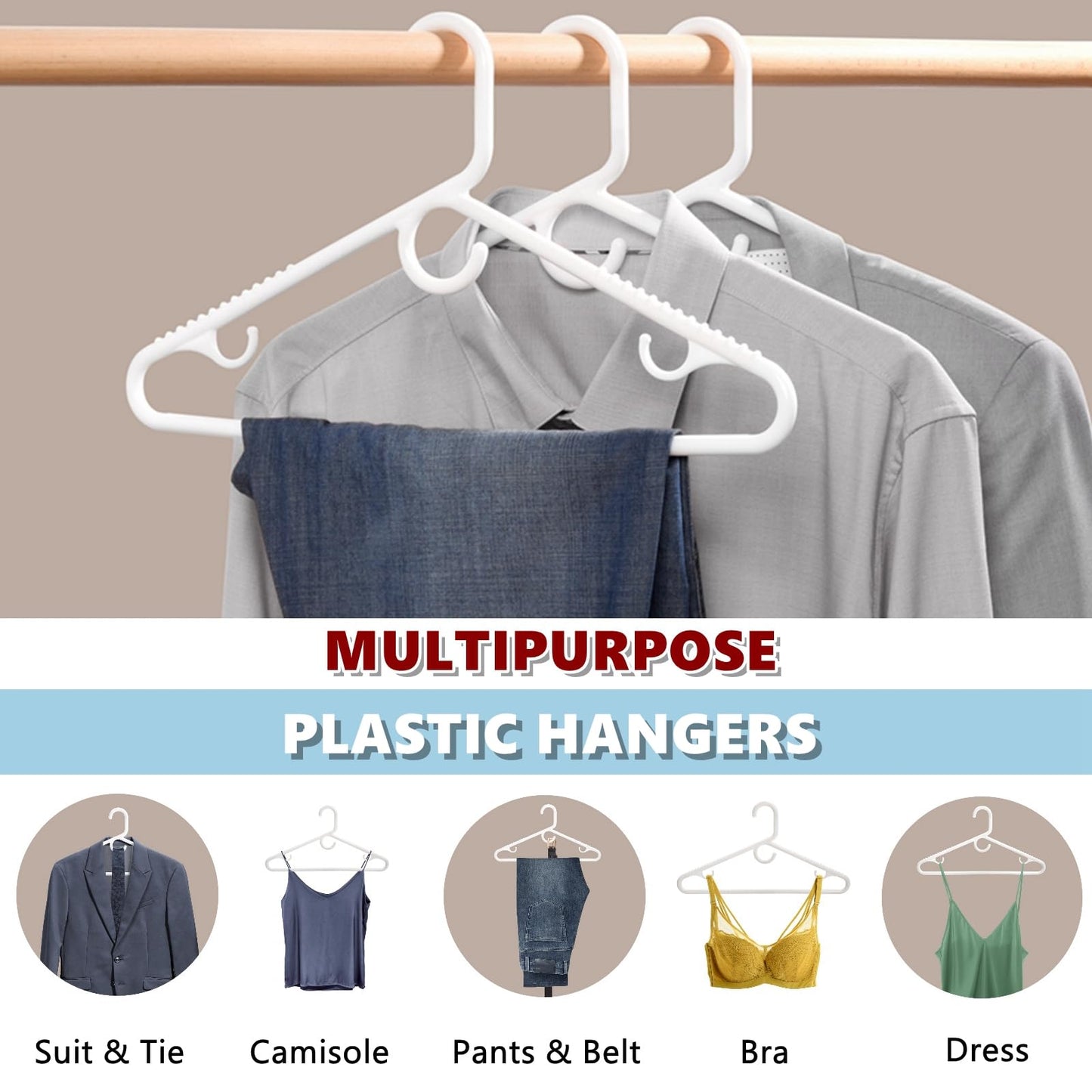 Amber Home 36 Pack Heavy Duty Plastic Hangers, Non-Slip White Clothes Hangers with Pants Bar, Thick Plastic Hangers for Closet Organization, Suit, Shirt, Coat & Jacket