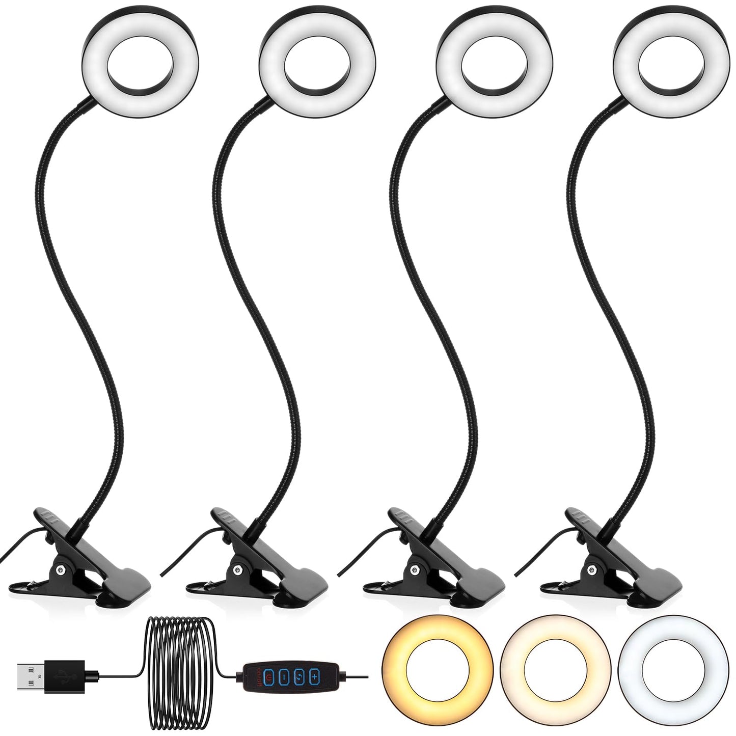 Glooglitter 4 Pcs Clip on Light 48 LEDs USB Ring Light with 3 Color Modes and 10 Brightness Dimmable, Eye Protection, 360 Flexible Neck for Desk, Headboard, Reading