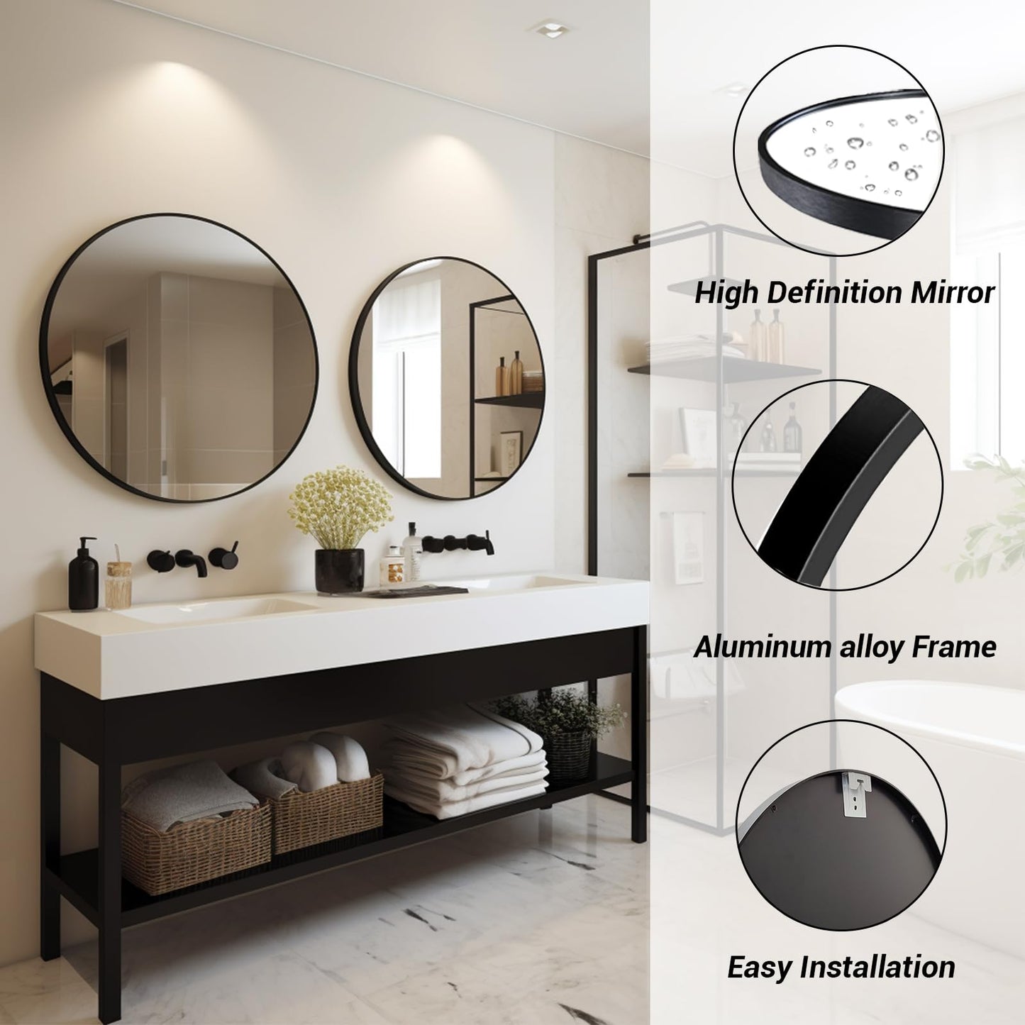 Sunniry Black Round Mirror, Round Mirror 24 inch, Black Circle Mirrors Matte Metal Frame, Wall Mounted Mirrors for Living Room, Bathroom, Wall, Entryway.