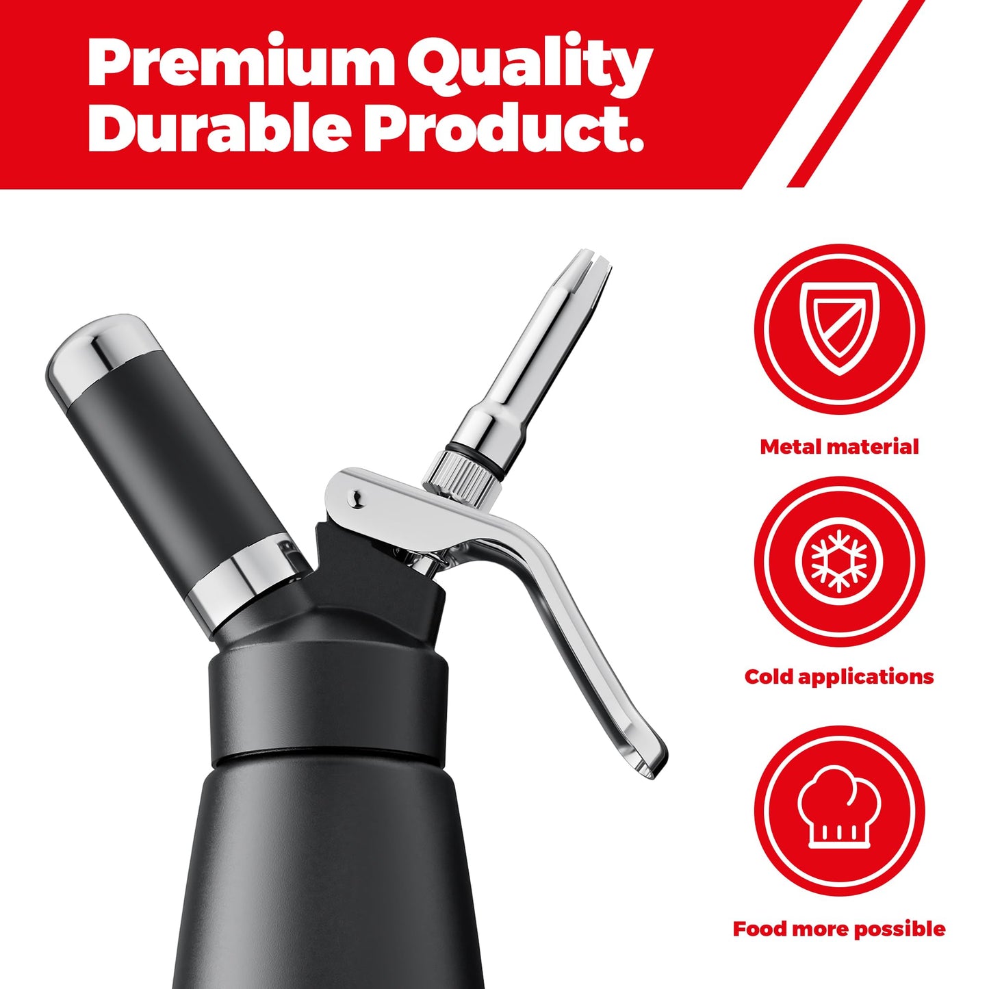 Professional Aluminum Whipped Cream Dispenser - 500 mL/1 Pint,Leak-Free Whipped Cream Maker Canister with 5 Decorating Nozzles & Cleaning Brush - for Desserts, Coffee Foam & Cold Foam (Black, 500ml)