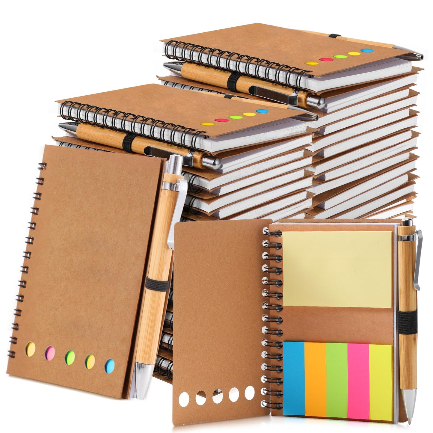 Chuangdi 30 Sets Lined Spiral Notebooks with Sticky Notes and Bamboo Pens, End of School Year Gifts for Office Teacher Staff, Kraft Notebook with Pen Bulk for Graduation Gift Back-to-school Supplies
