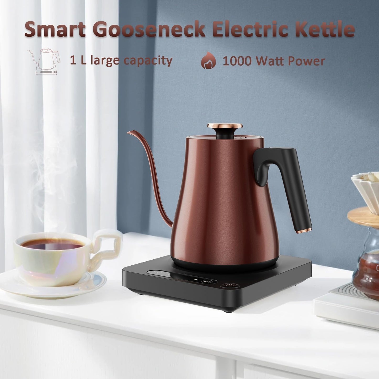 Gooseneck Electric Kettle with Temperature Control, 1.0L Pour Over Coffee Kettle, 1000W Fast Boil Tea Heater, Keep Warm Function, LED Display, 304 Stainless Steel, Vintage Copper, BPA-Free