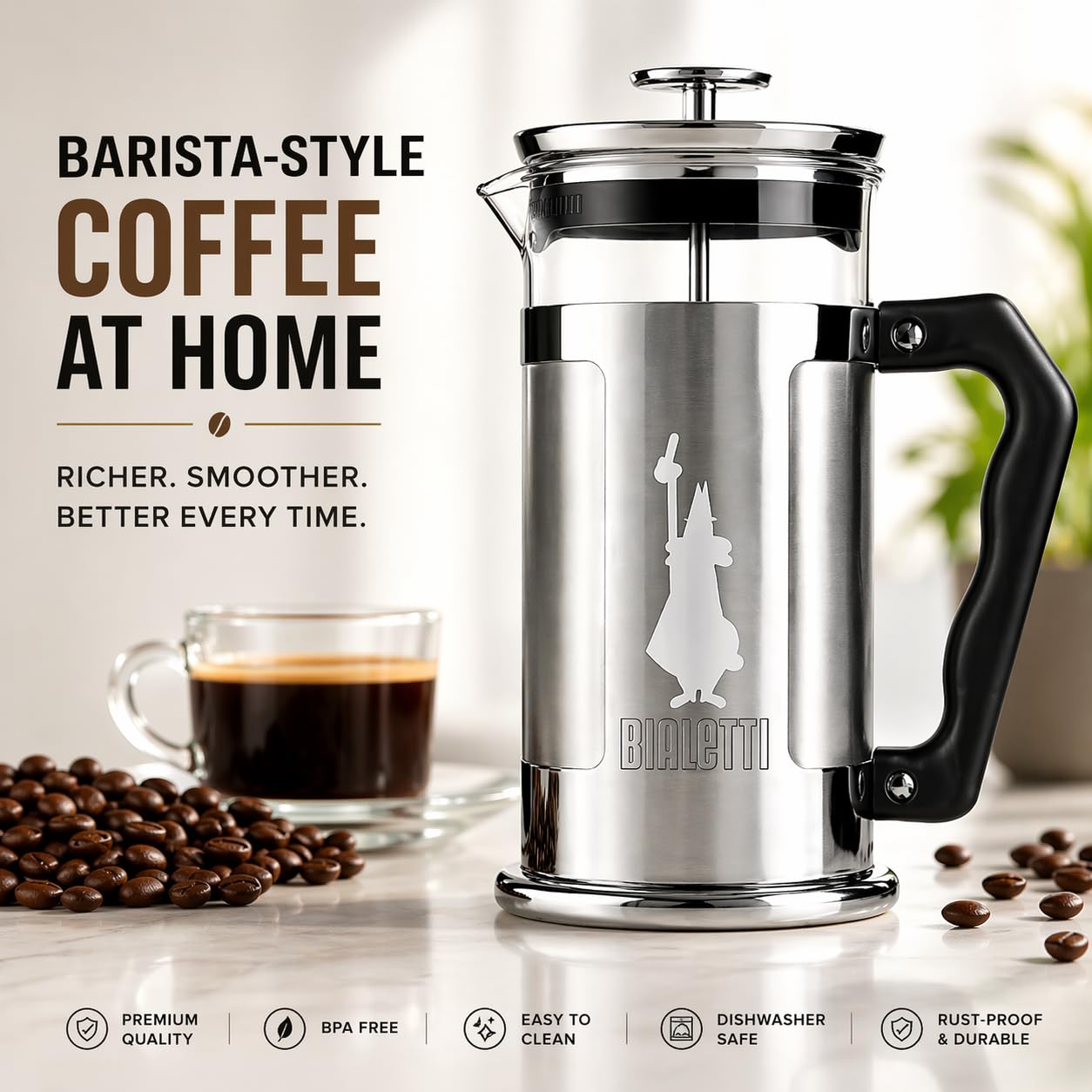 Bialetti Coffeepress French Press Coffee Maker, 8 Cup, Preziosa Stainless Steel (06852)