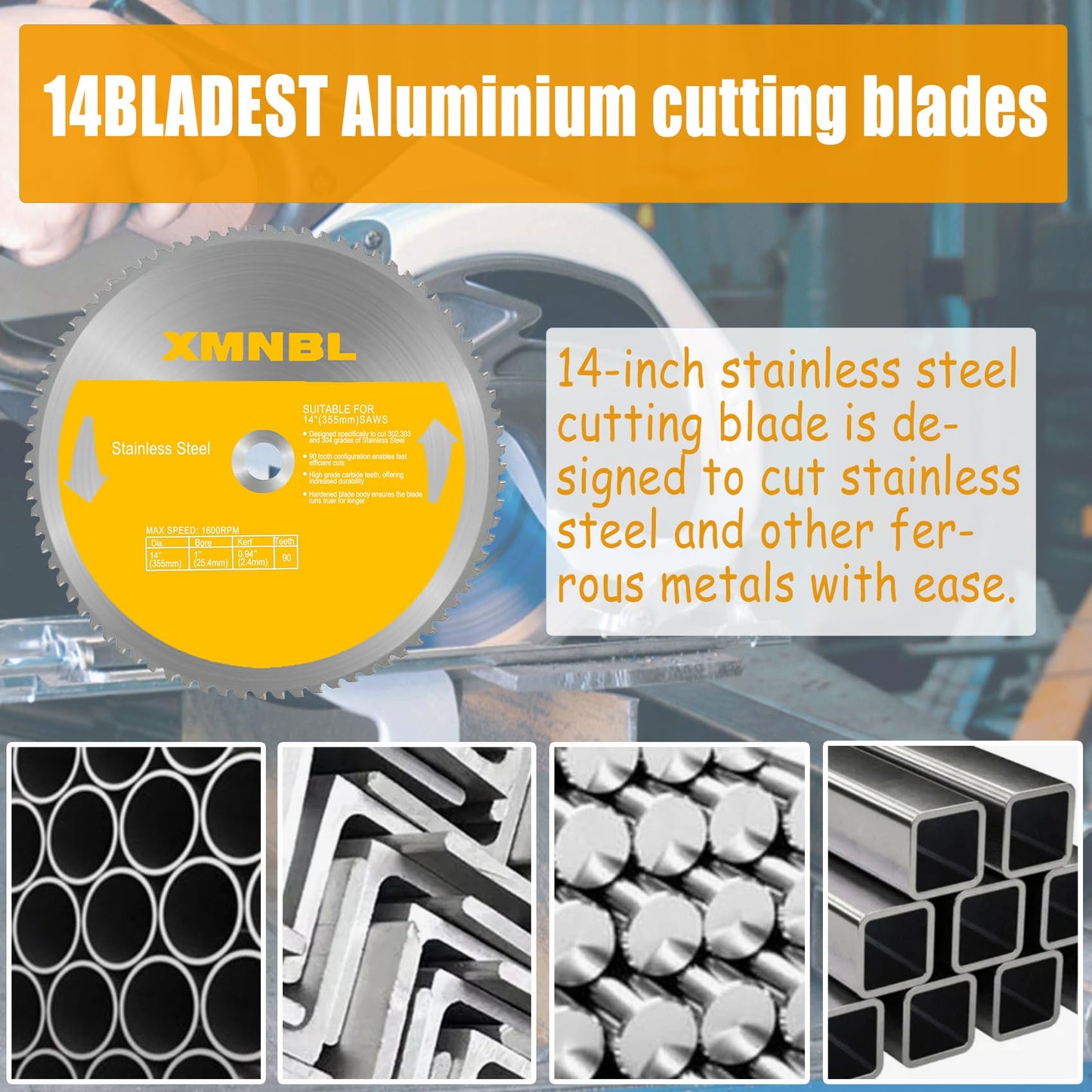 14 Inch Stainless Steel Cutting Saw Blade,Replacement for Evolution 14 Inch Metal Saw Blade,Compatible with Evolution S355CPS S355CPSL S380CPS Metal Cutting Saws,14 x 90 Teeth,1 Inch Center Shaft