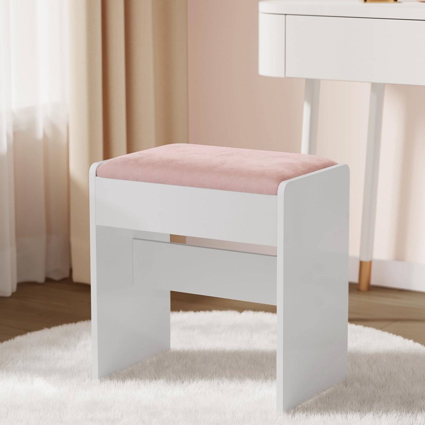 VASAGLE Kailyn Collection - Velvet Vanity Stool, Upholstered Makeup Stool, Footrest with Anti-Slip Pads, for Makeup Room, Bedroom, Entryway, Matte White and Jelly Pink URDS001W01S