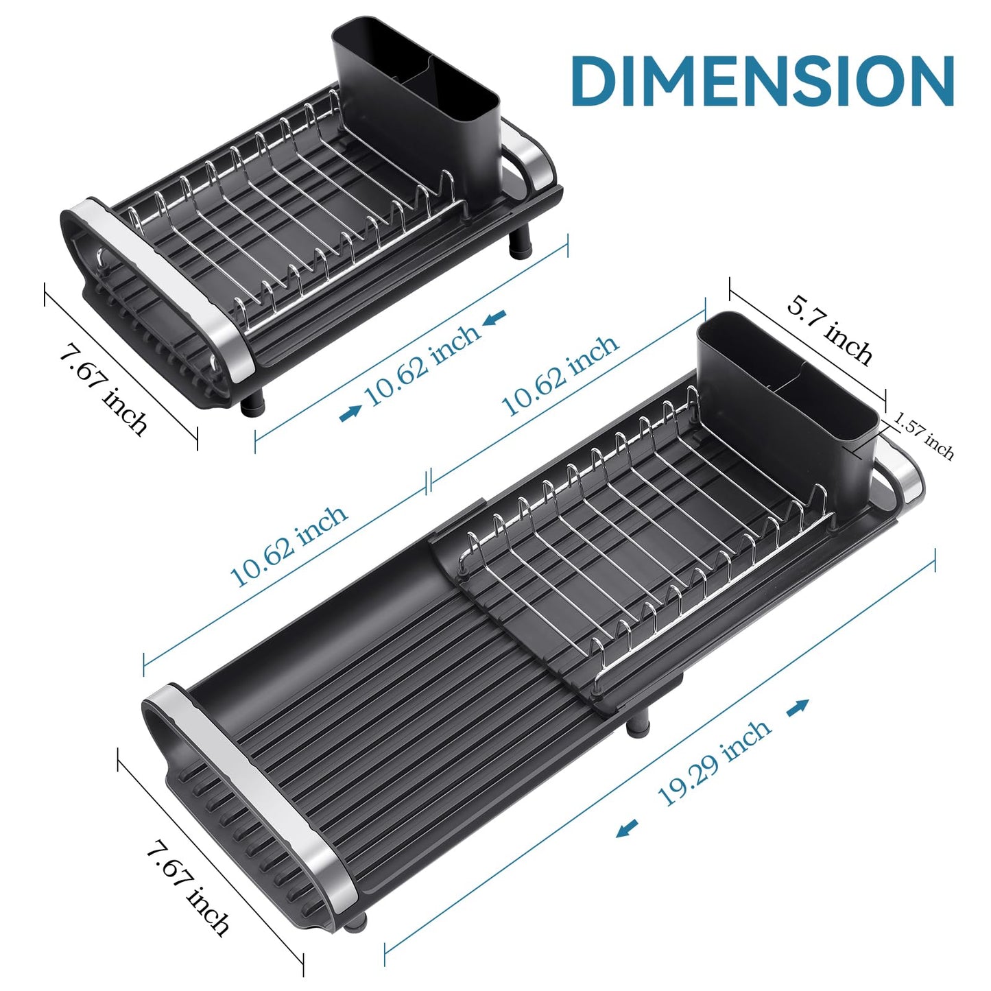 Small Dish Drying Rack, Mini Expandable Compact Dish Rack, Slim Extendable Stainless Steel Dish Drainer for Kitchen Plate Storage, Space Saving Dish Strainer in Sink or on Home Countertop, Black