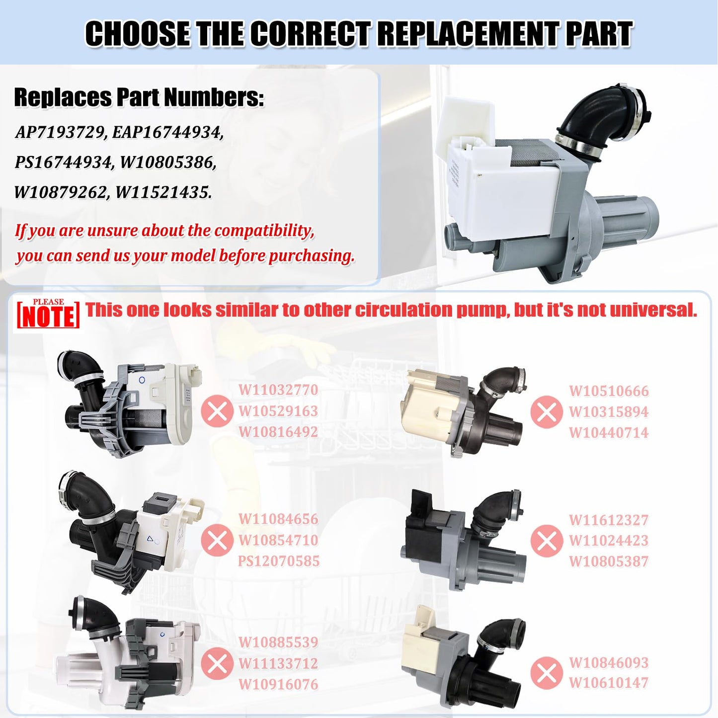 W11612326 Dishwasher Circulation Pump - W10805386 Dishwasher Pump Motor Assembly Replacement Parts W10879262 W11521435