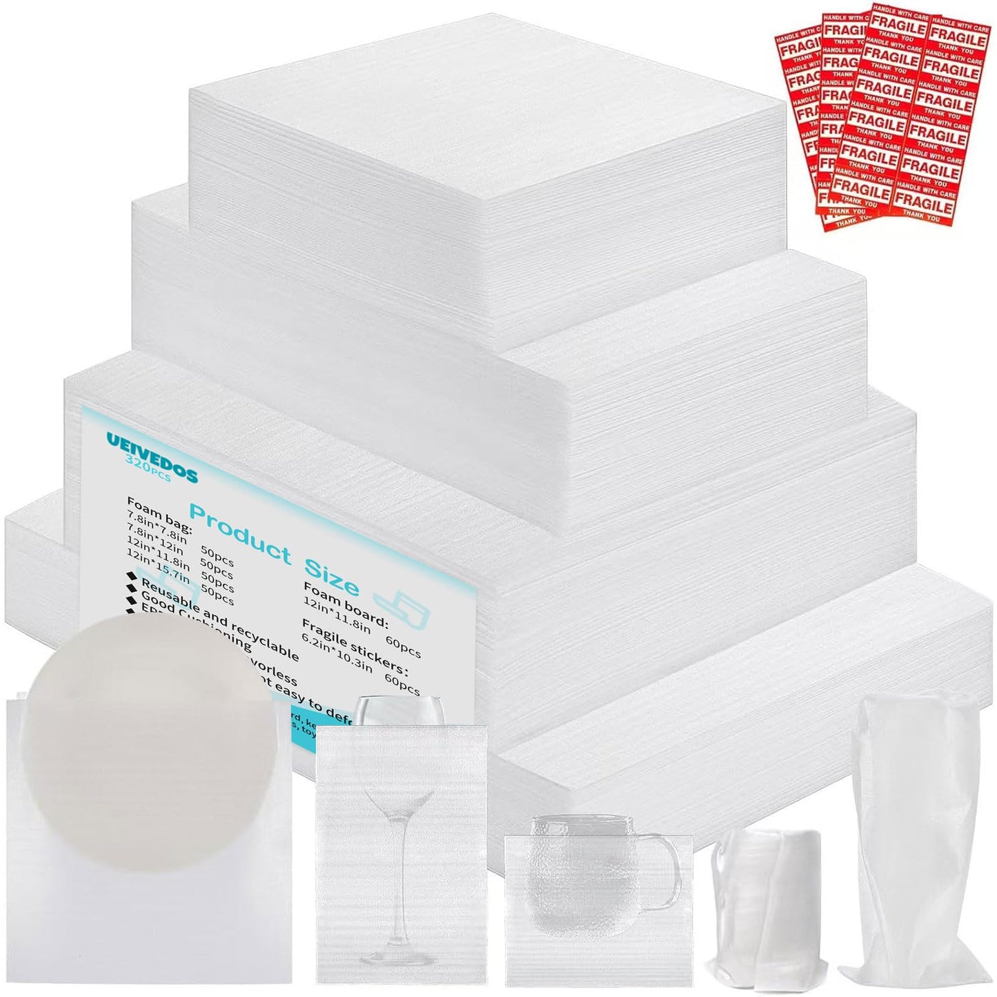 Dish Packing Supplies for Moving,320 Moving Supplies 4 Sizes (16 x 12", 12 x 12", 12 x 7.8", 7.8 x 7.8"),with 60 Fragile Stickers,High density thicker Cushion Foam for Plate Packing Shipping Storage.