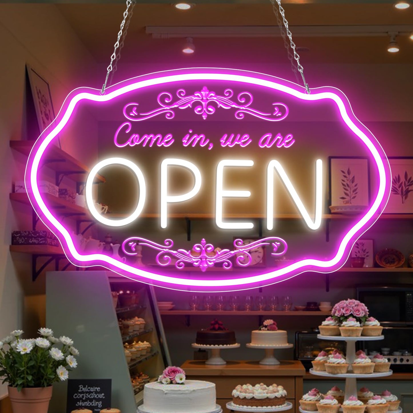 LED Neon Open Sign for Business, 16.5x10'' Come in We’re Open Sign, Pink&White Adjustable Brightness Neon Lights for Party, Bar, Salon, Stores, Hotel, Wall Decor, Clubs, Hotels