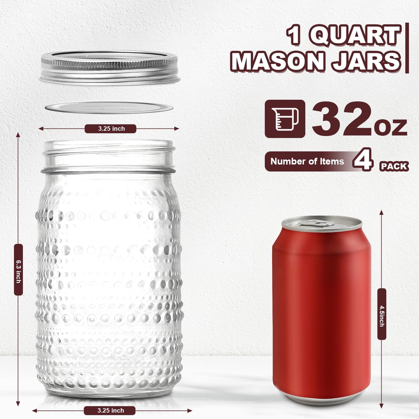 FULGNU Wide Mouth Mason Jars 32oz, 4 Pack Quart Mason Jars with Lids, Glass Canning Jars for Pickling, Storing Food, Meal Prep, Salad Jam, Overnight Oats, Yogurt