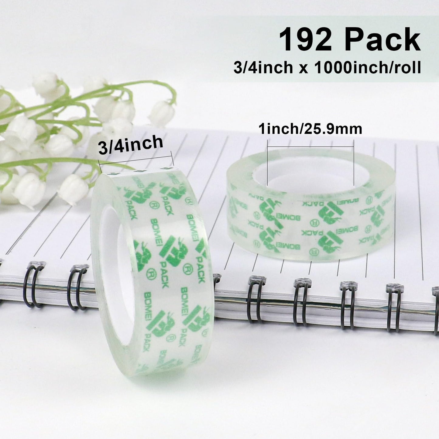 BOMEI PACK 192Rolls Crystal Clear Tape Refills for Dispenser, Bulk Office Transparent Tape for Home and School, 3/4Inch x 1000 inch