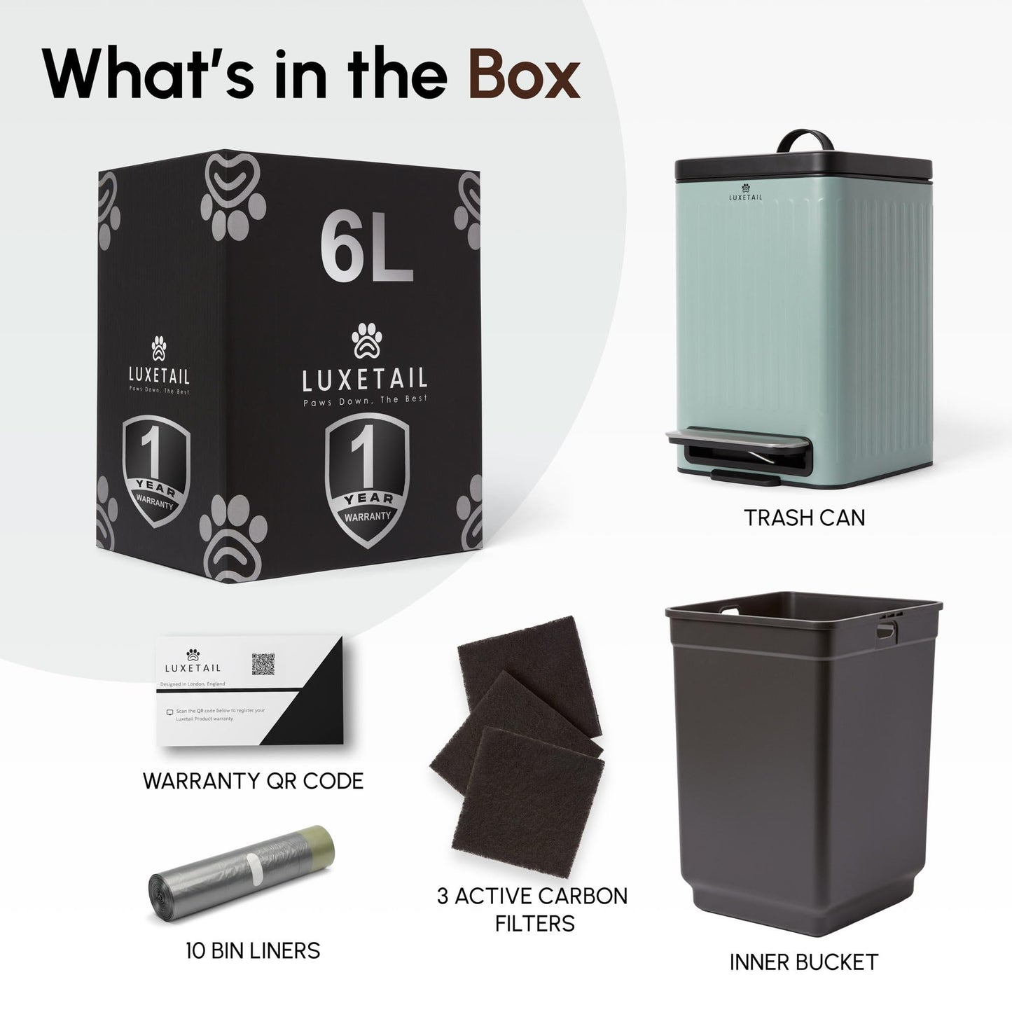 LUXETAIL Small Dog Poop Trash Can Outside – 6L/1.6 Gallon Dog Small Trash Can with Lid, Odor-Locking Carbon Filter System, Hands-Free Stainless Steel Pedal, Easy-Clean Removable Bucket, Sage Green