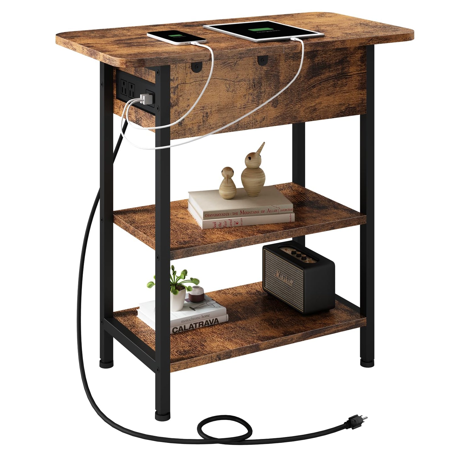 LIDYUK End Table with Charging Station, Flip Top Side Table with USB Ports and Outlets, Nightstand for Small Spaces, Bedside Tables with Storage Shelf for Living Room, Bedroom, Brown