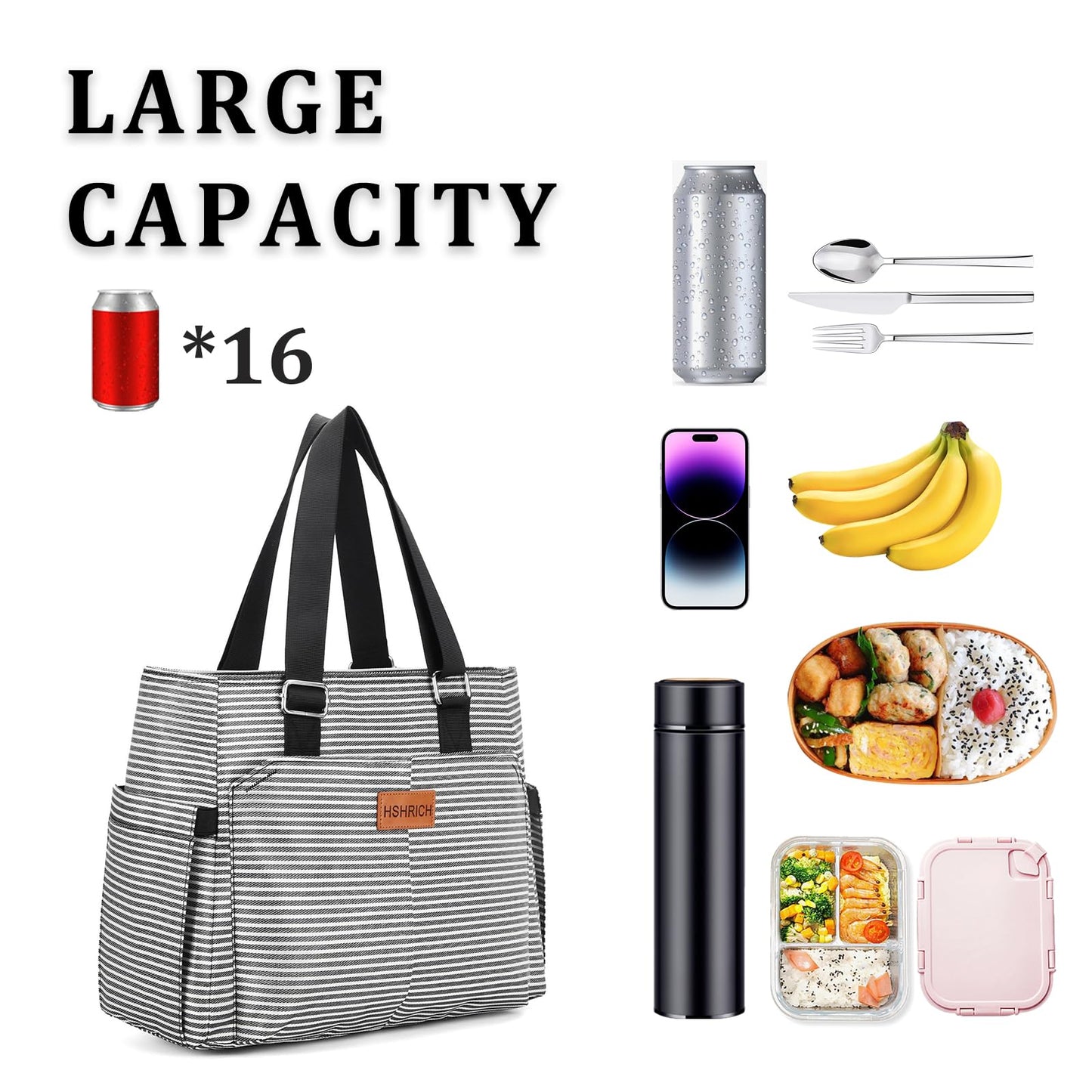 Large Women Lunch Bags/Insulated Adult Lunch Box/Leakproof Cooler Lunch Tote Bag with Storage Pocket. Reusable Lunch Purse for Work Picnic Hiking 12L, Stripe