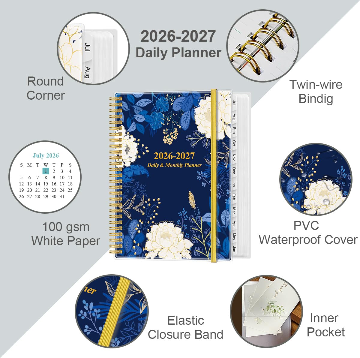 2026-2027 Daily & Monthly Planner - One Page Per Day, Daily Planner from July 2026 - June 2027, Planner 2026-2027 with 12 Monthly Tabs, 8.5" x 11", Blue Leaf Flower