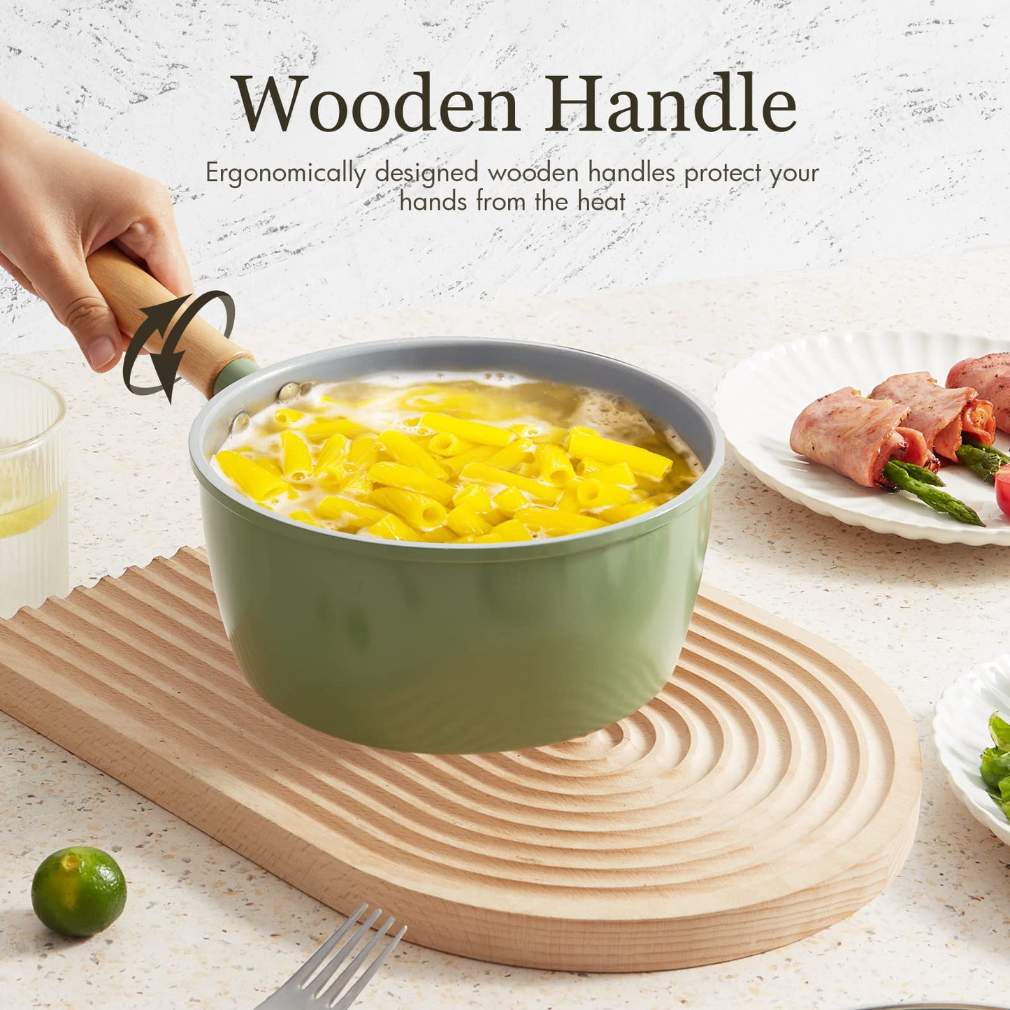 ROCKURWOK Ceramic Nonstick Sauce Pan with Lid, 2 Quart Cooking Pot, Small Saucepan with Steamer, PTFE& PFAS-Free, Wooden Handle for Cool Touch, Universal Base(Gas, Electric & Induction), Green