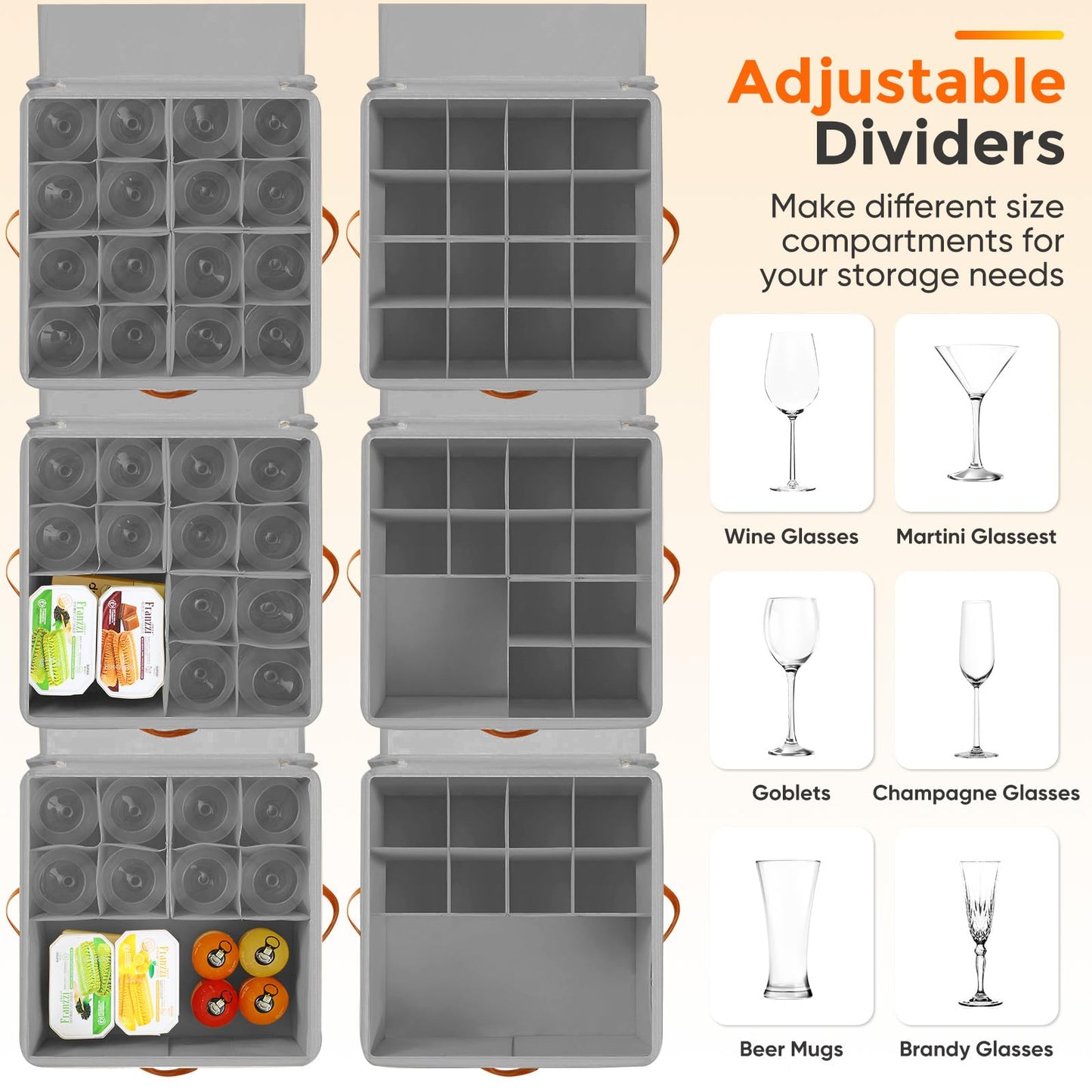 Foyego Wine Glass Storage Box with Dividers, 2 Pack Glassware Storage Containers, Stemware Storage Cases Holds 32 Wine Glasses, Stackable Crystal Storage Containers with Clear Cover for Moving，Gray