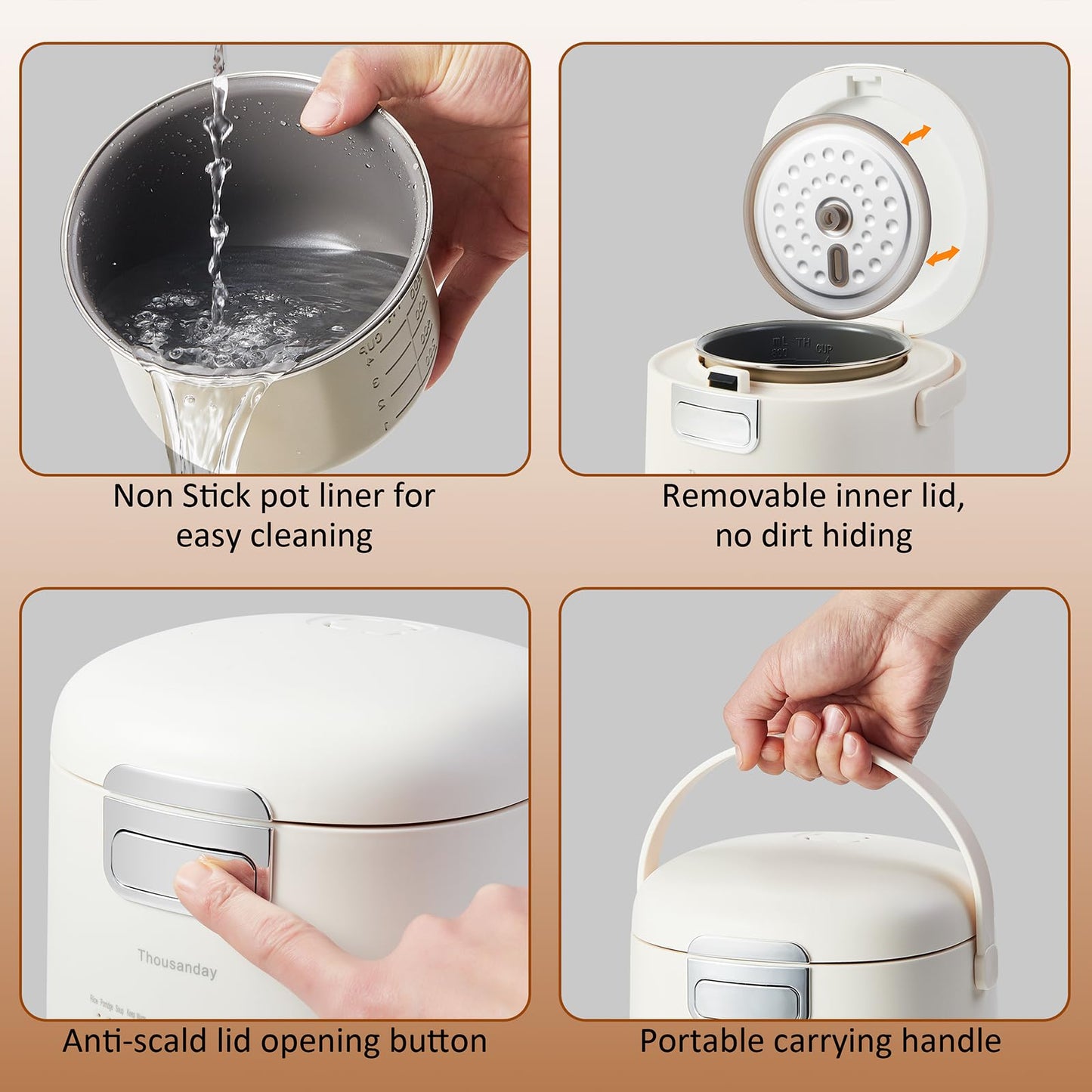 Mini Rice Cooker, Small Rice Cooker 2 Cup Uncooked(4 Cup Cooked), Portable Non-stick Electric Rice Maker, for Dorm Travel Office 1-2 Person, 12 Hours Timer Delay & Keep Warm, Beige
