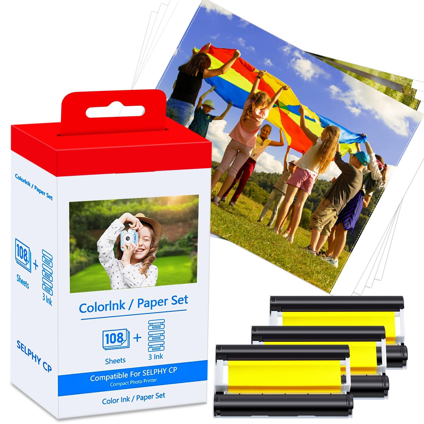 GREENCYCLE Compatible with Canon Selphy CP1500 CP1300 Ink and Paper KP-108IN 3 Color Ink Cartridges and 108 Sheets 4 x 6 Photo Paper Glossy for Canon Selphy CP1300 CP1200 CP1000 CP900 Photo Printers