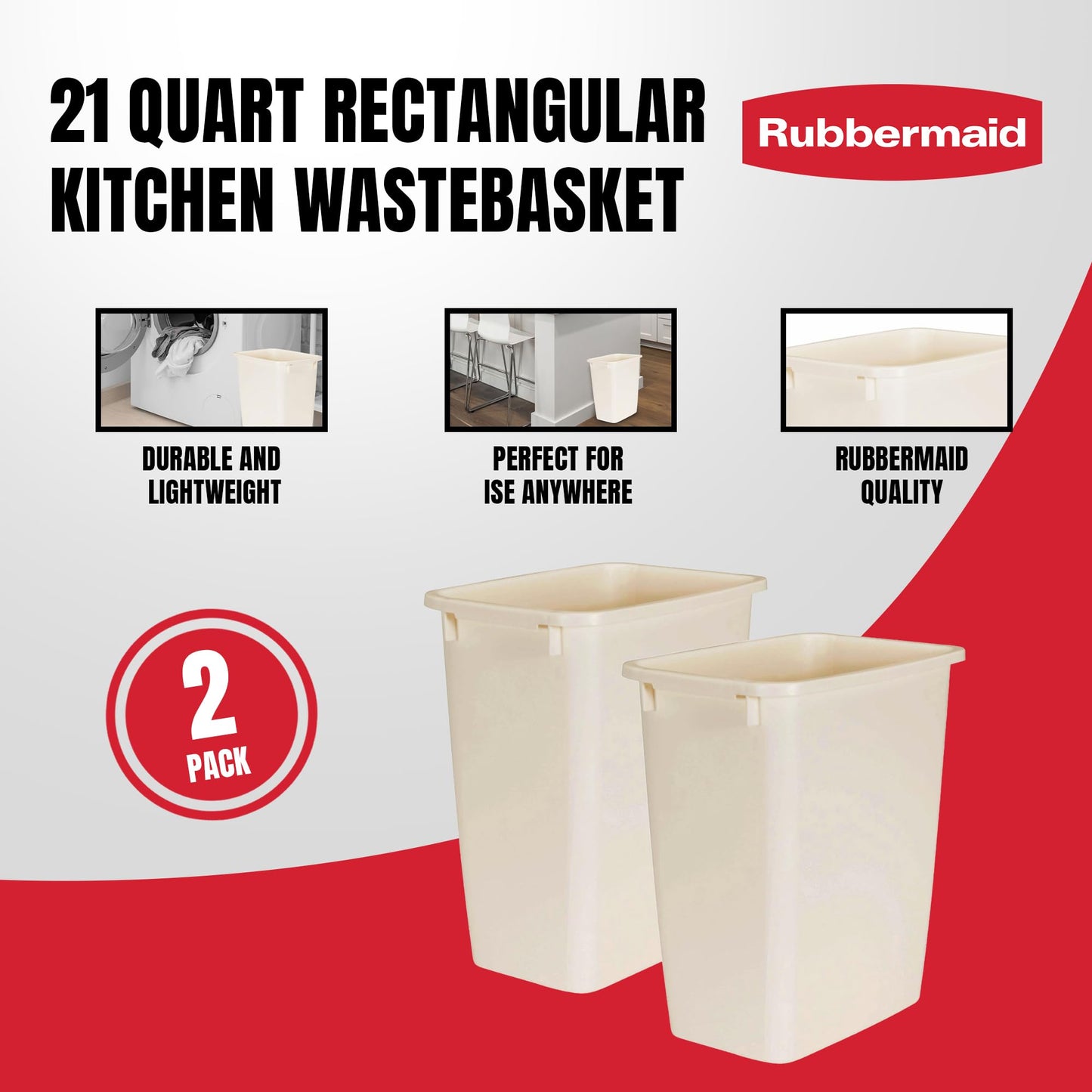Rubbermaid 21 Quart Traditional Rectangular Plastic Open Wastebasket Trash Can for Kitchen, Bathroom, and Home Office, Bisque (2 Pack)