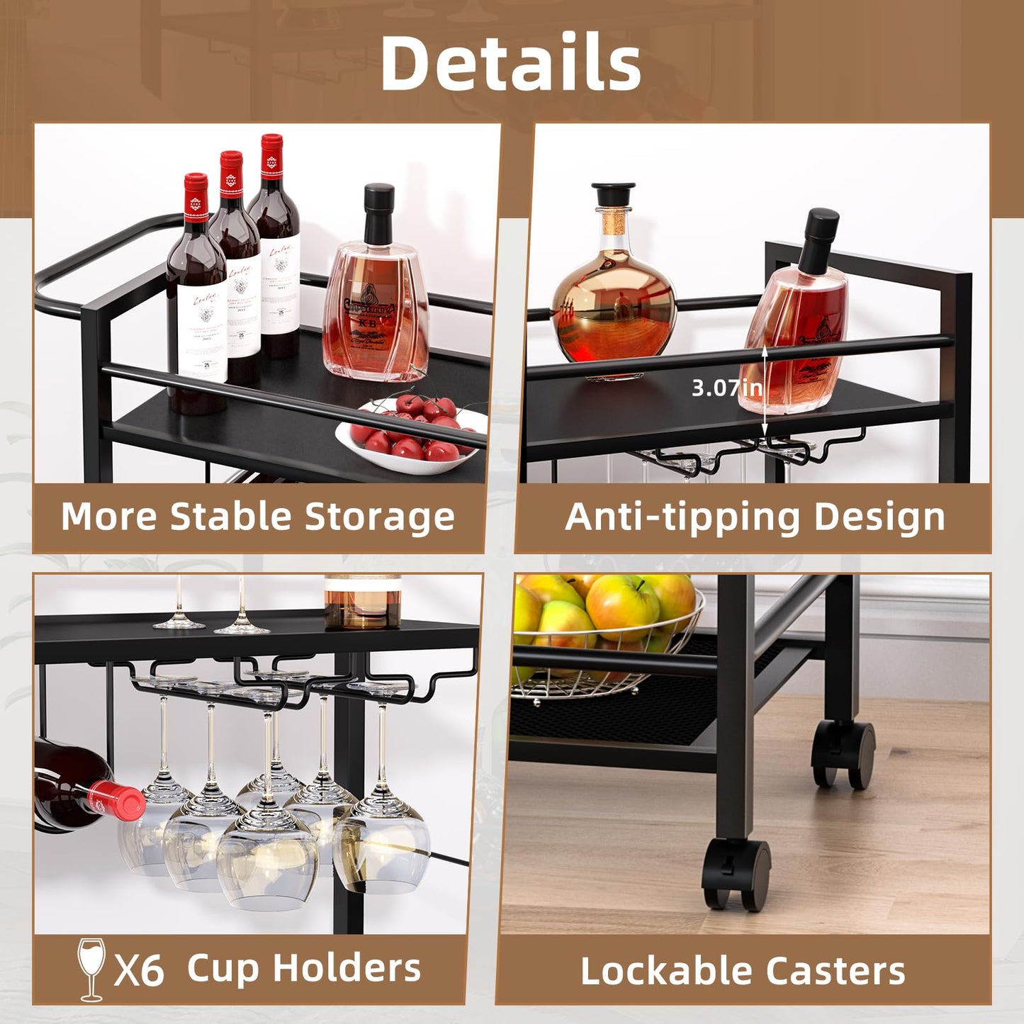 Joaxswe Bar Cart,Home Bar Serving Cart with Storage Shelves, 2 Tier Rolling Beverage Cart with Wheels, Modern Wine Cart with Wine Rack and Glass Holder for Kitchen, Living Room,Dinning Room,Black