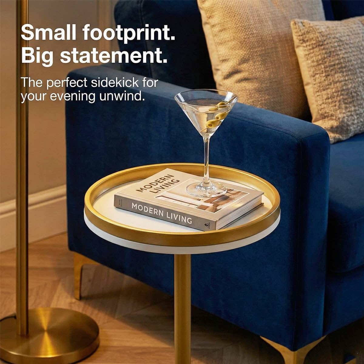 ZEXVIDA Martini Table, Small Round Drink Table with Weighted Base,Modern White & Gold Pedestal End Table with Tray Top Edge for Small Spaces, Living Room, Next to Sofa,24.7 "Tall