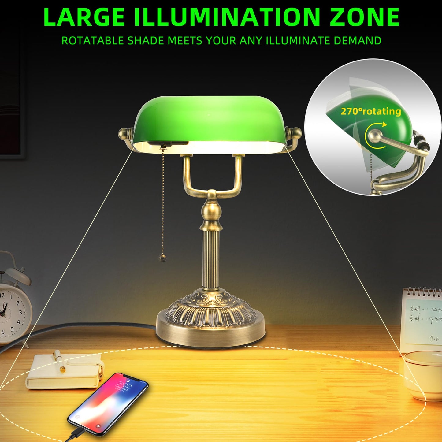 Rizzyluz Bankers Desk Lamp with USB-A Charging Port, Vintage Desk Lamps with Pull Chain Green Glass, Antique Brass Banker's Lamp for Home Office Library