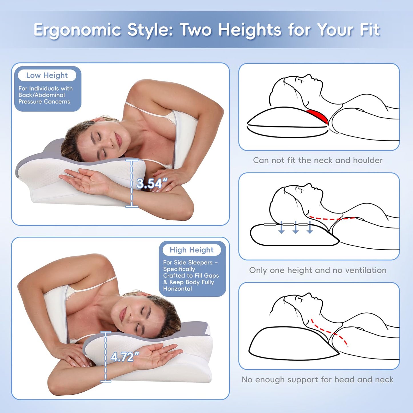 Missleep Cervical Neck Pillow, Memory Foam Pillows for Neck & Shoulder Pain Relief, 2 Heights Ergonomic Pillow with Breathable Ice Silk Cover, Neck Support Pillow for Stomach Sleepers Grey
