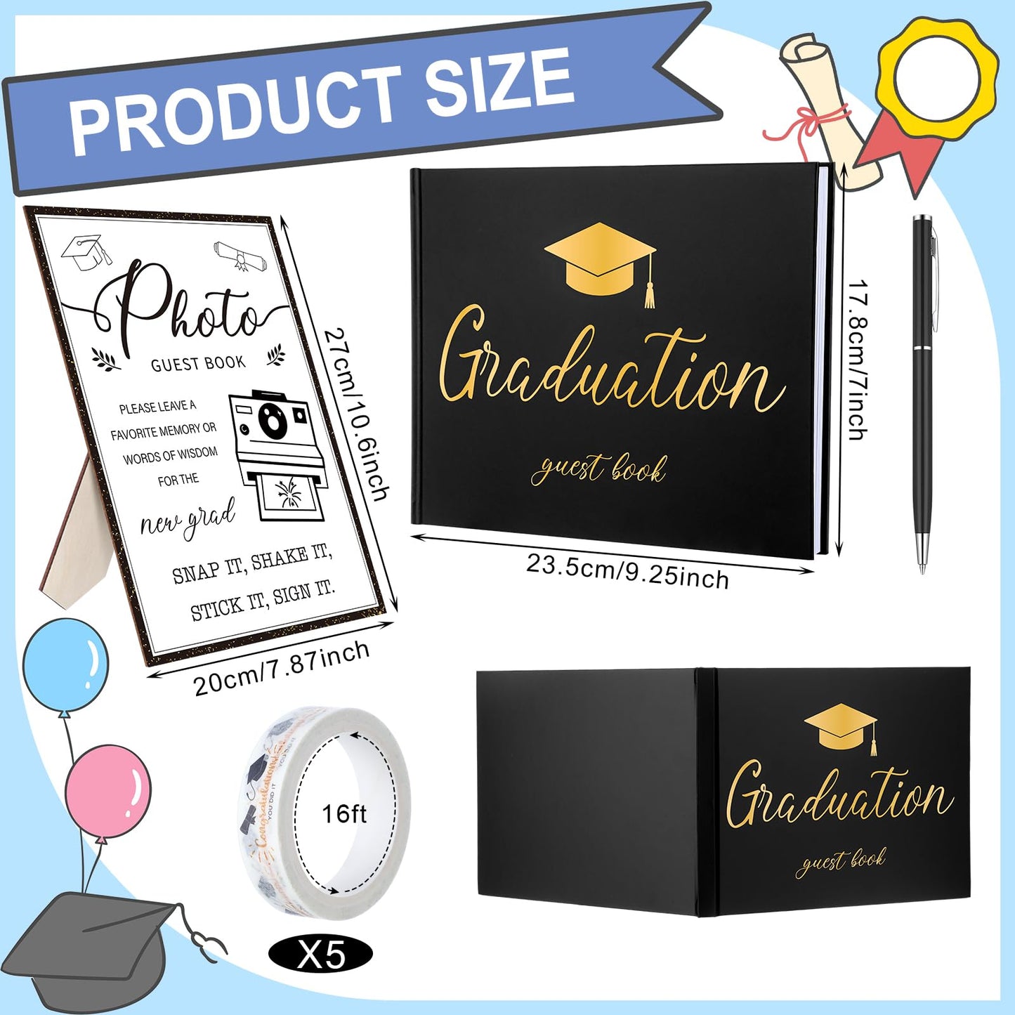 Engrowtic 2026 Graduation Guest Book with Photo Sign Decorations Guest Book Sign 100 Pages Class of 2026 Scrapbook Album DIY Tape Signature Pen for Grad Party(Graduation)