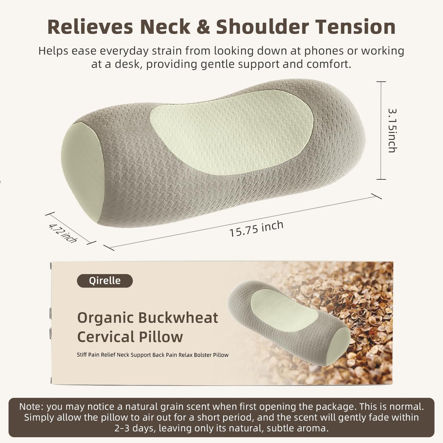 Qirelle Organic Buckwheat Cervical Neck Pillow, Adjustable Neck Roll for Sleeping, Ergonomic Neck Support Bolster for Side & Back Sleepers, Firm Support Pillow for Neck Pain Relief & Spine Alignment