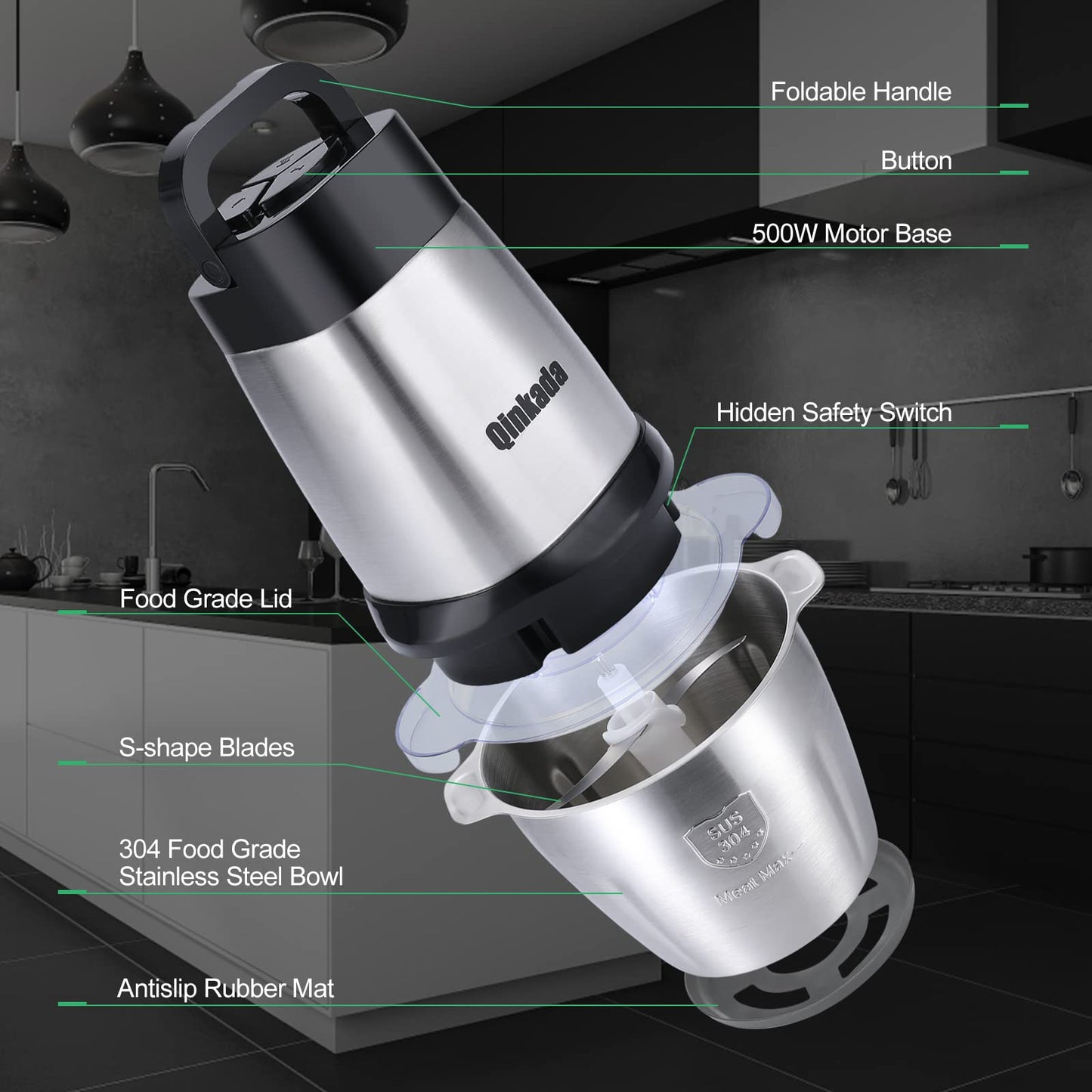 Qinkada Food Processor, 500W Powerful Meat Grinder, 14Cup Stainless Steel Bowl, 3 Speed Modes 4 Bi-Level Blades for Onion, Meat, Nuts, Fruit, Garlic, Vegetable, Baby Food