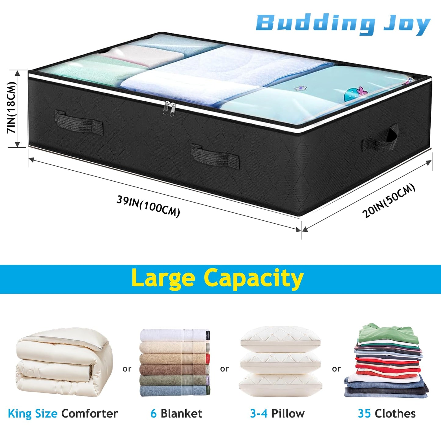 Budding Joy 90L Under Bed Storage Containers, Closet Organizers and Storage Bins, Foldable Underbed Storage Bags for Blankets, Towels, Comforter, Sweaters, Pillows, Linen Sheets, Wrapping Paper，Black
