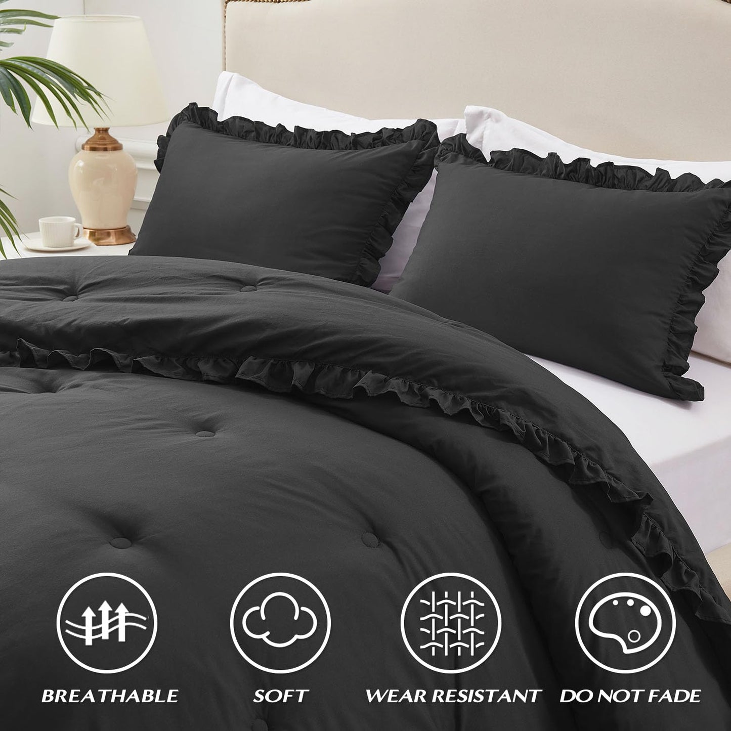 HARBOREST Queen Comforter Ruffle Black, Fluffy Queen Bedding, 3 Pieces Shabby Chic Comforter Set(1 Comforter & 2 Pillow Shams)