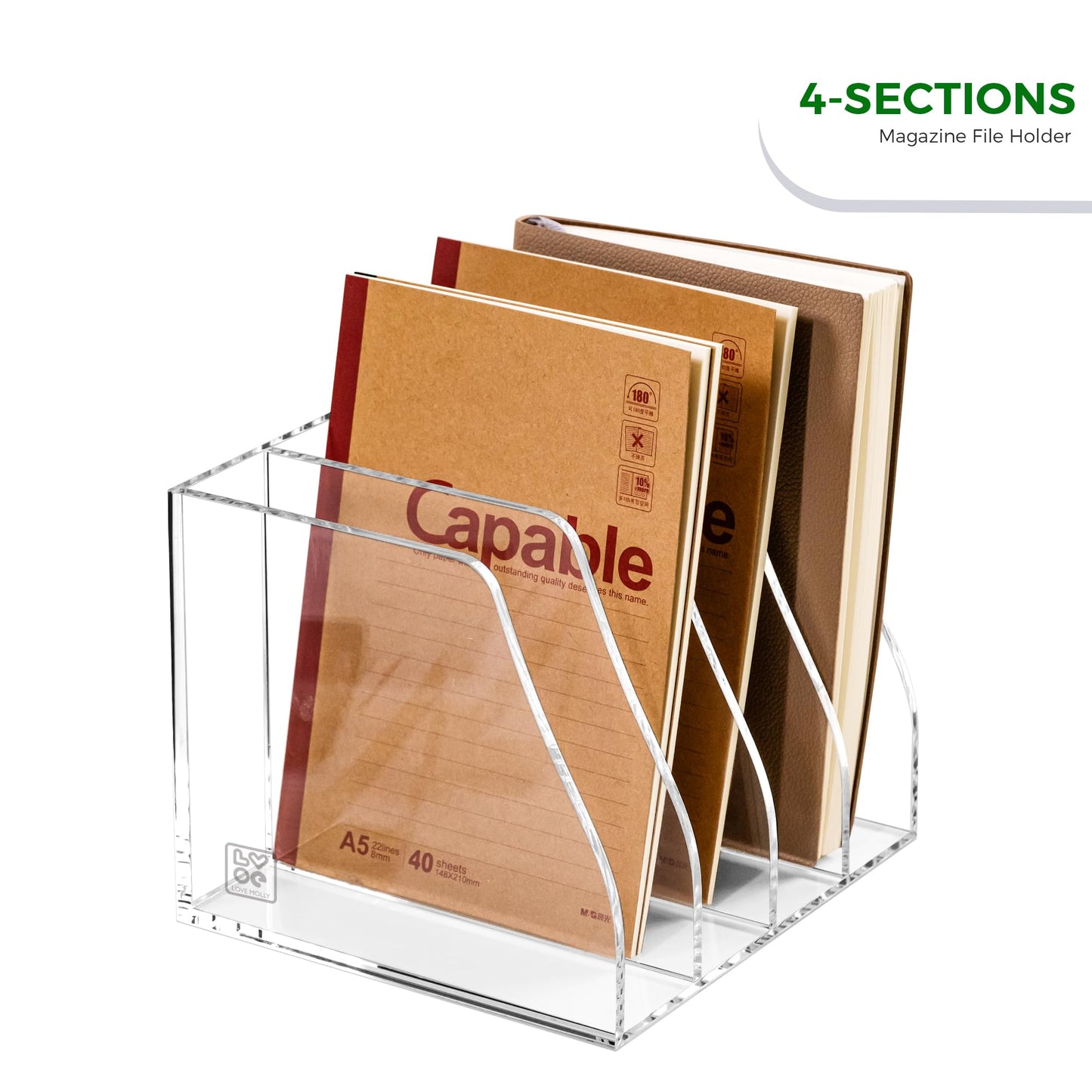 Lovemolly Acrylic Magazine File Holder – 4-Slot Clear Desk Organizer, Vertical Document Sorter for Office, Home & Classroom, No-Assembly Tabletop Rack for Folders, Books & Tablets, 7.09x8.07x6.3 in