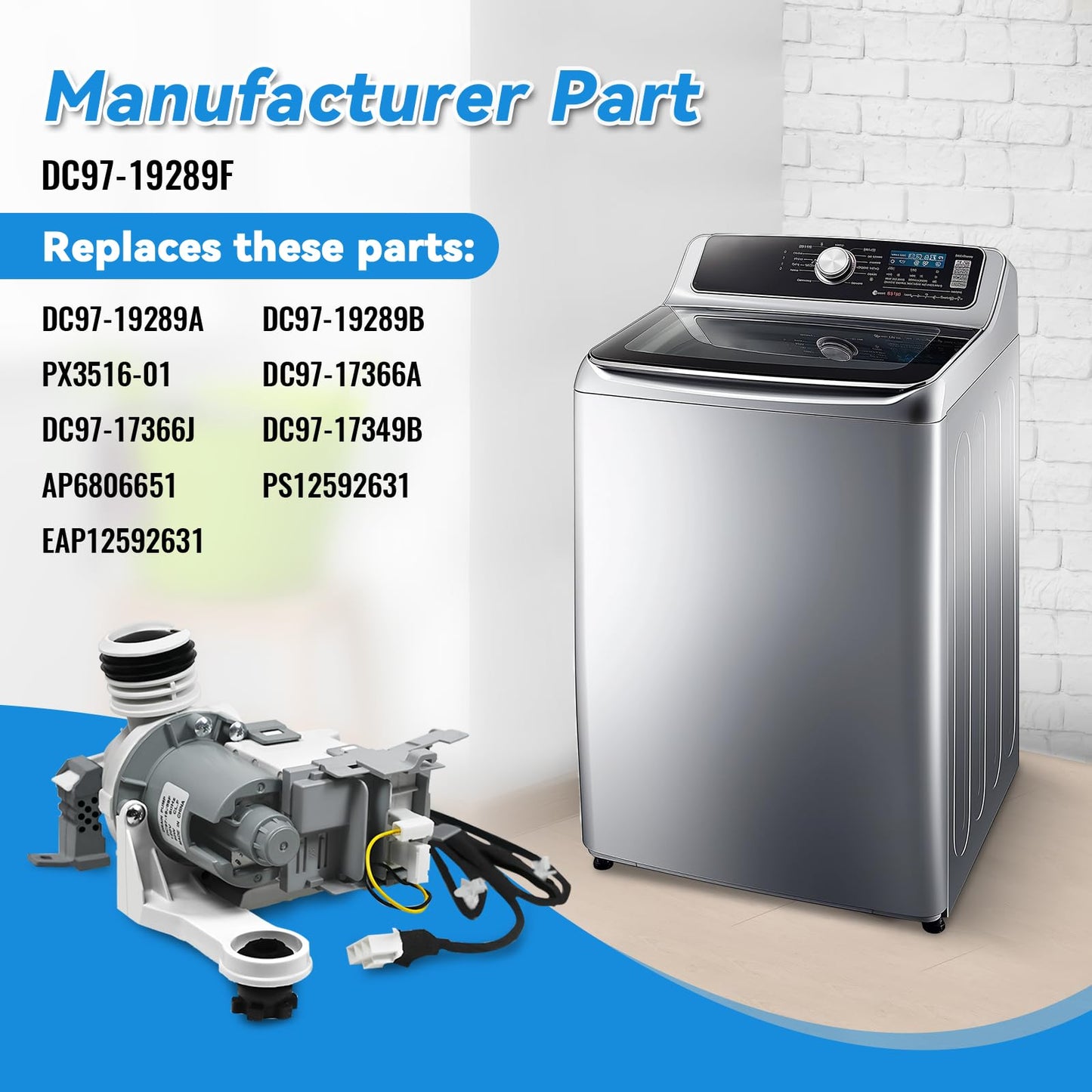 DC97-19289F, DC97-19289B, PX3516-01 Washer Drain Pump Assembly, Compatible with Samsung Washing Machine, Replaces DC97-19289A, DC97-17366A, DC97-17366J, DC97-17349B, AP6806651, PS12592631, EAP12592631