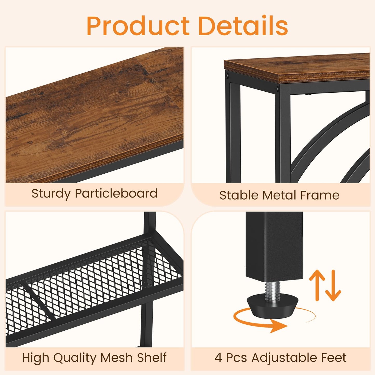 Snughome Entryway Table with 3 Tier Storage Shelves, Narrow Console Table Industrial Sofa Table with Circle Base, Behind The Couch Entrance Table for Hallway, Living Room, Foyer