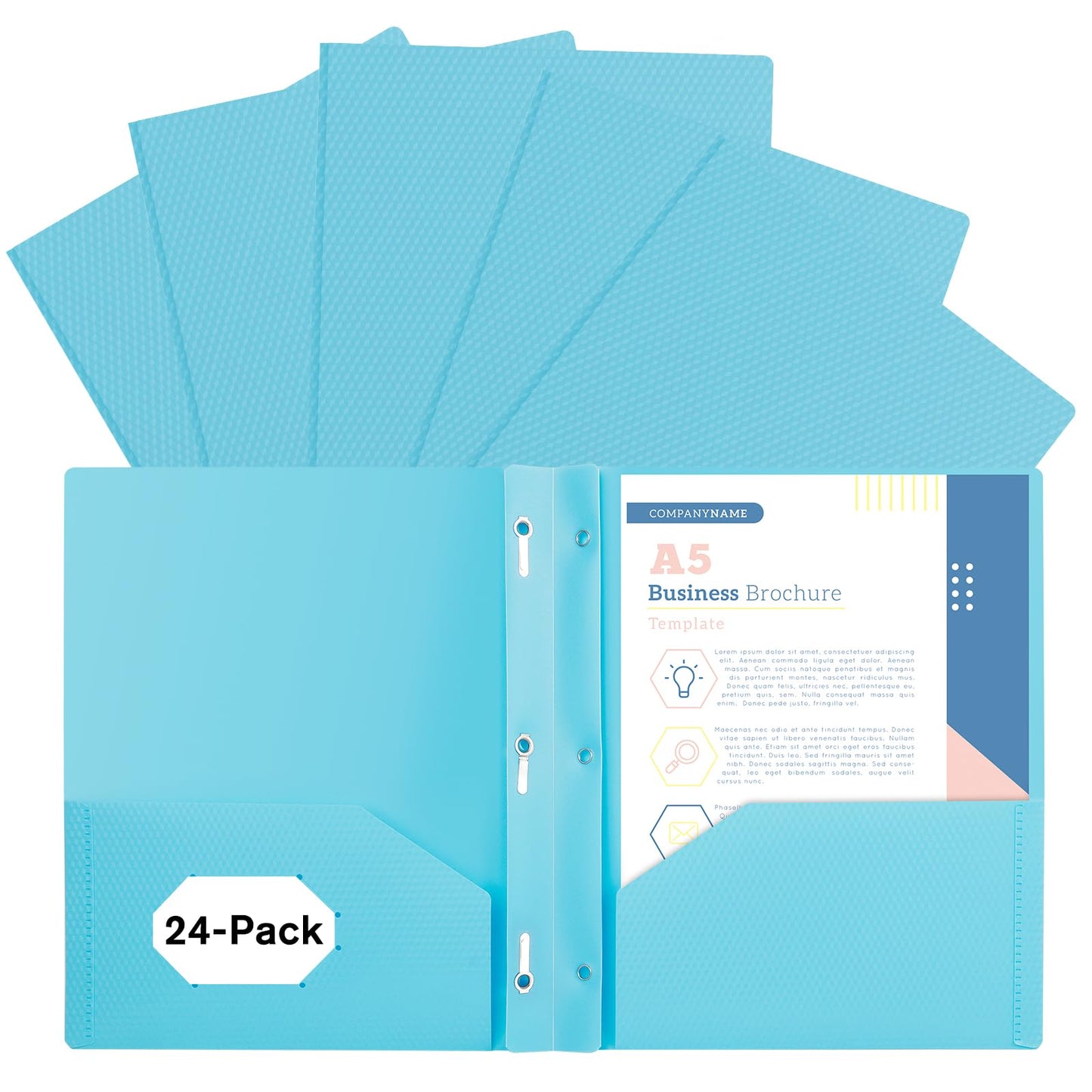 EEHZTSI 24-Pack Plastic andPockets and Prongs,2-Pocket and3 Fasteners, Pastel Folders Holds 8-1/2" x 11" Paper for School/Office/Home, Blue