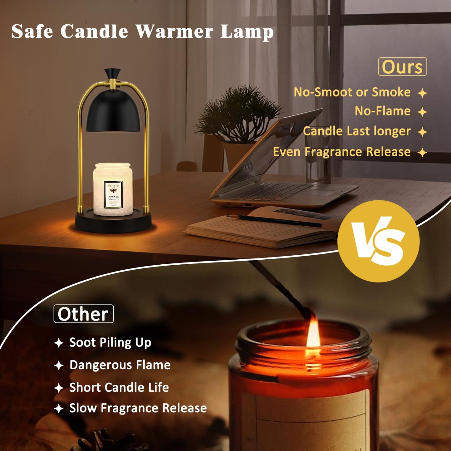 Hong-in Candle Warmer Lamp with Timer & Dimmable, Cozy Birthday Gift for Women Mom, Modern Home Decor House Warming Gifts Wax Melt Warmer for Jar Candles with 2 Bulbs (Black)