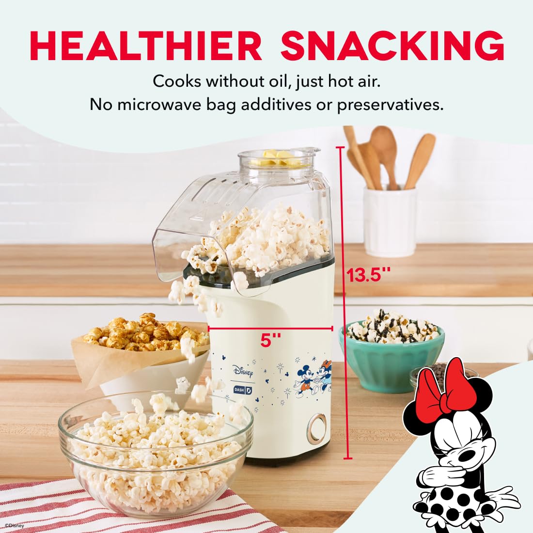 Disney DASH Fresh Pop Popcorn Maker - Oil-Free, Air Popcorn Popper - With Measuring Cup & Recipe Guide - Perfect for Movie Nights - 16 Cups, Mickey & Minnie Design