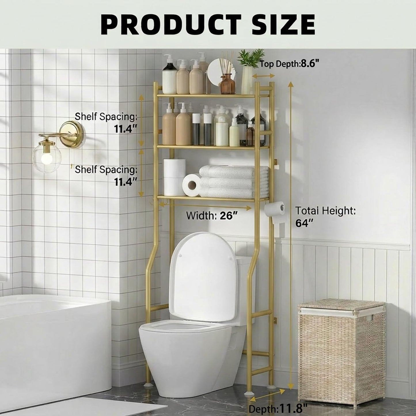 GloTika 3-Tier Over Toilet Storage with Anti-Tilt Safety System - 150lb Total Capacity Metal Bathroom Shelves Including Paper Holder & 4 Hooks, Space Saving Above Commode Organizer (64" H, Gold)