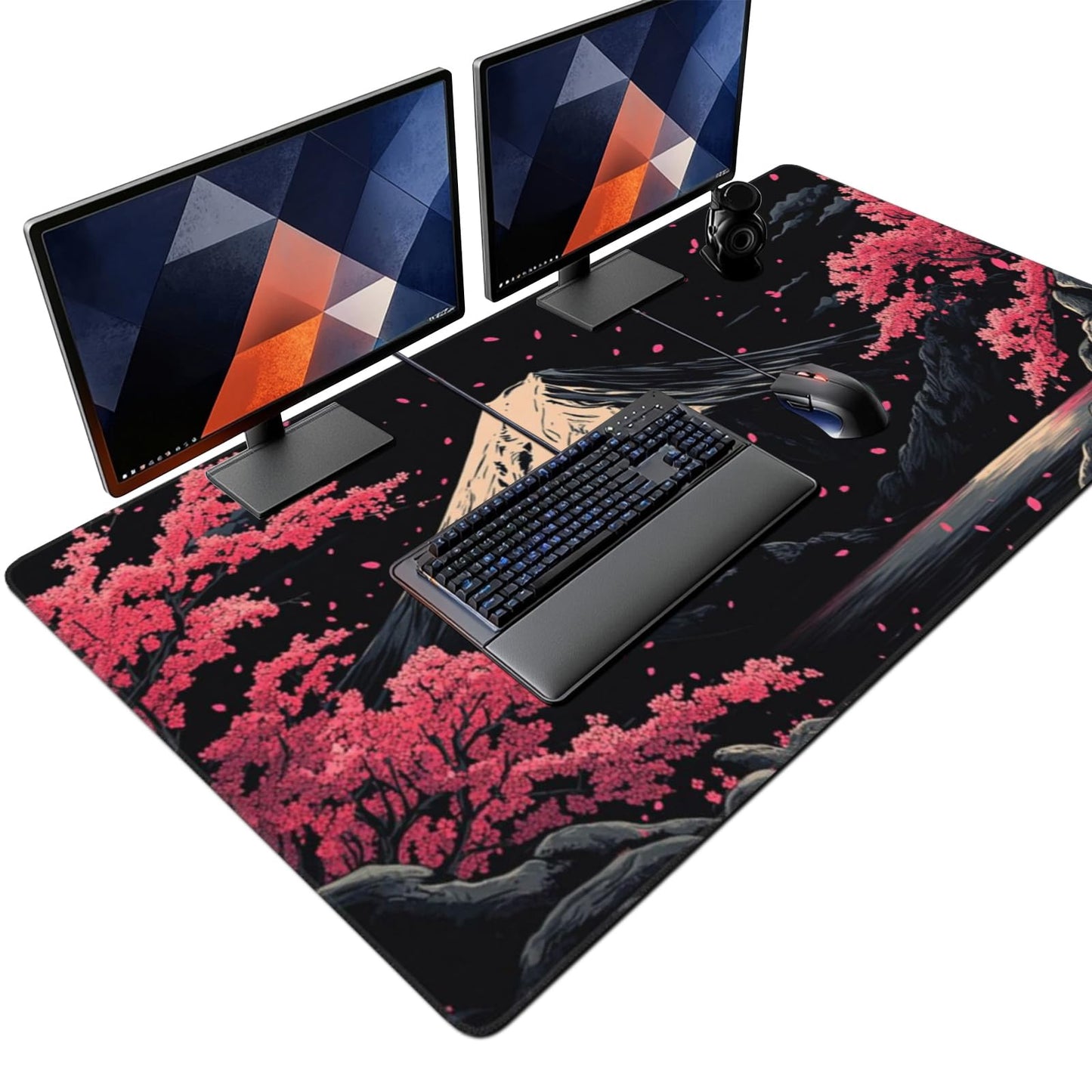 ZOCOZY Extra XXXL Japanese Cherry Blossom Gaming Mouse Pad, Watercolor Mouse Pads Keyboard Mat, Stitched Edges Mousepad, Non-Slip Rubber Base Desk Mat for Office & Home (48x24 Inch)